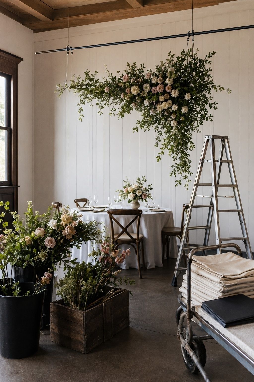 Small wedding floral installation in progress with ladder, rigging, flower buckets, crates, linens, and delivery trolley