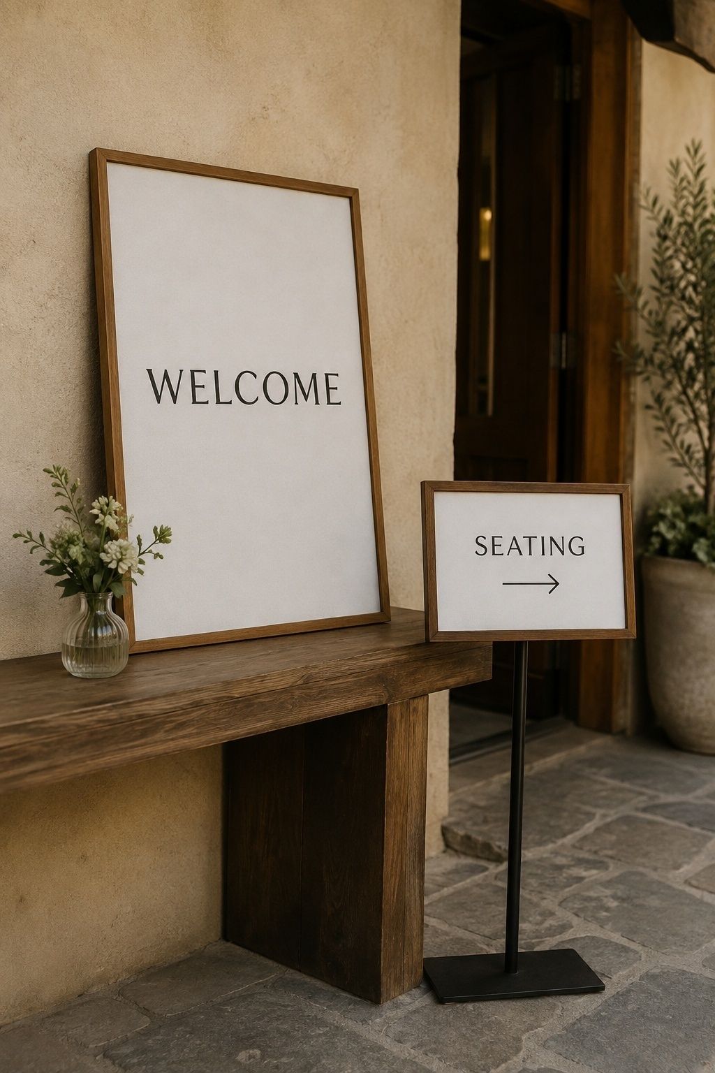 Simple wood-framed WELCOME and SEATING signs at an intimate wedding entrance with a small flower vase