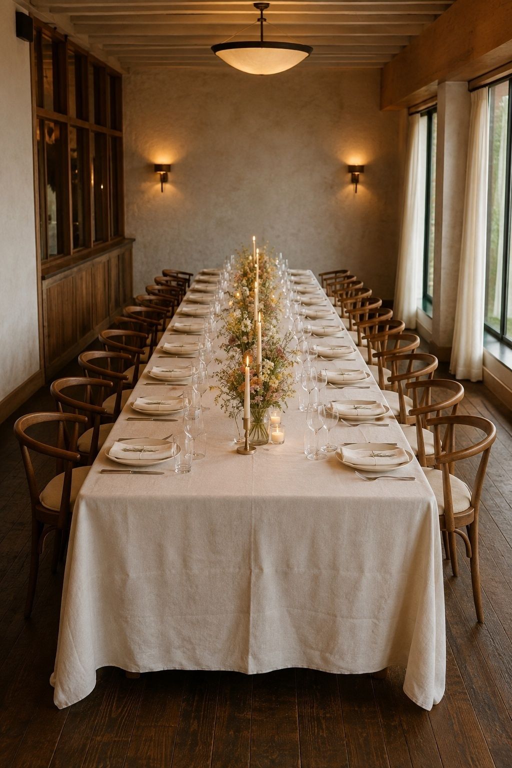 Selective intimate restaurant wedding with one long candlelit table, low wildflowers, ivory linens, and comfortable chairs