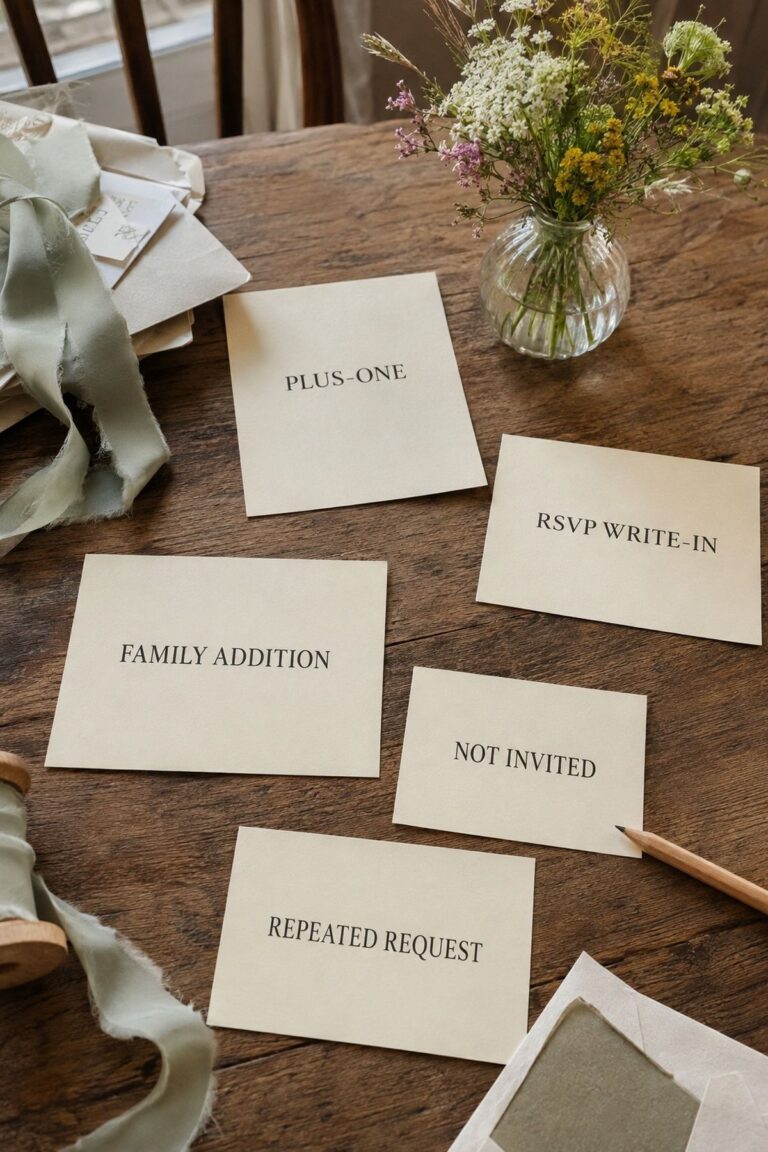 Wedding guest-list request cards sorted by plus-one, RSVP write-in, family addition, not invited, and repeated request