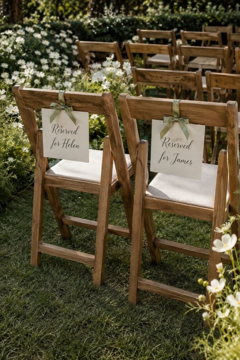 Named reserved cards tied to two wooden ceremony chairs with sage ribbons