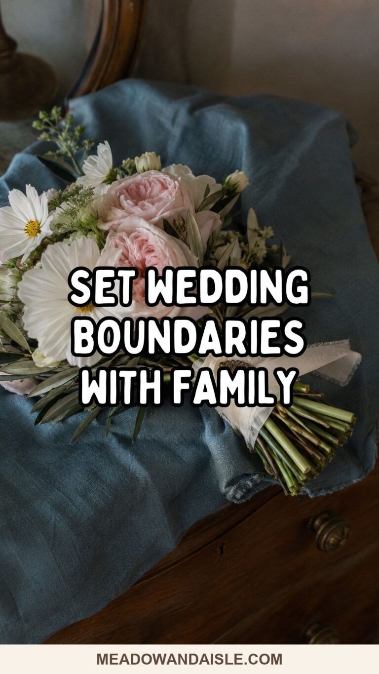 Set wedding boundaries with family Pinterest pin over a bridal bouquet with an heirloom brooch