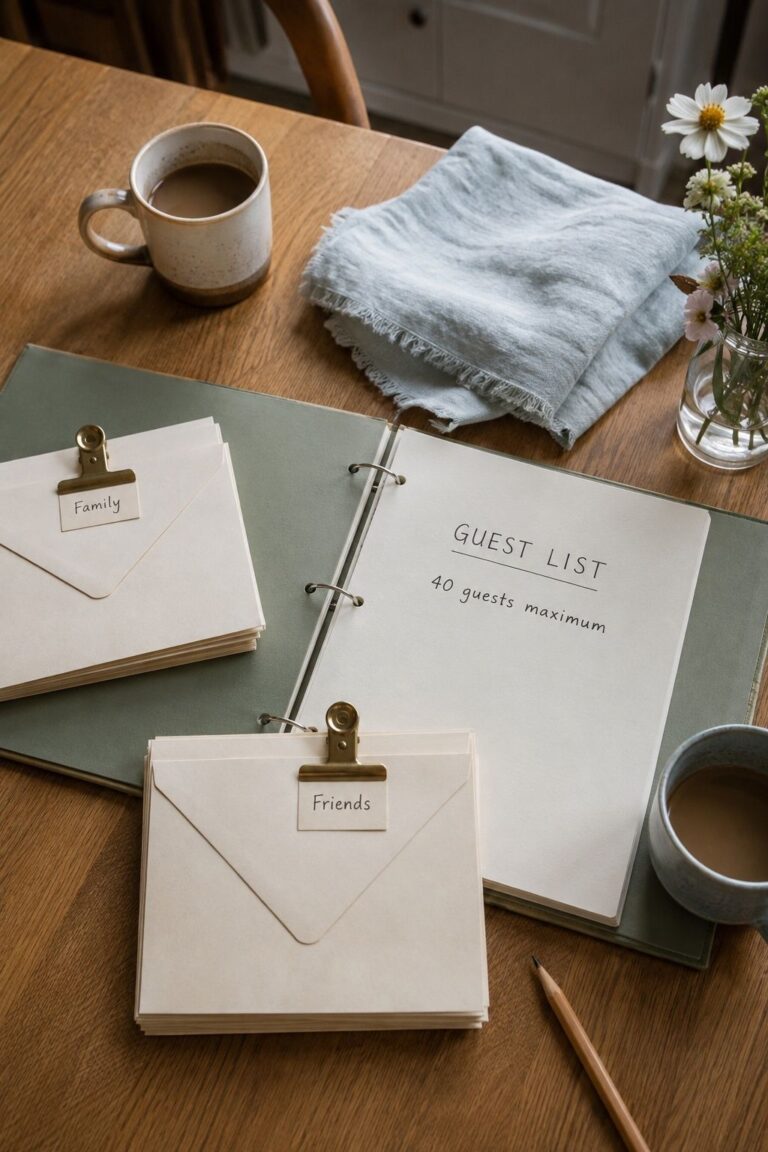 Wedding guest-list binder with a forty-guest limit and family and friends envelopes