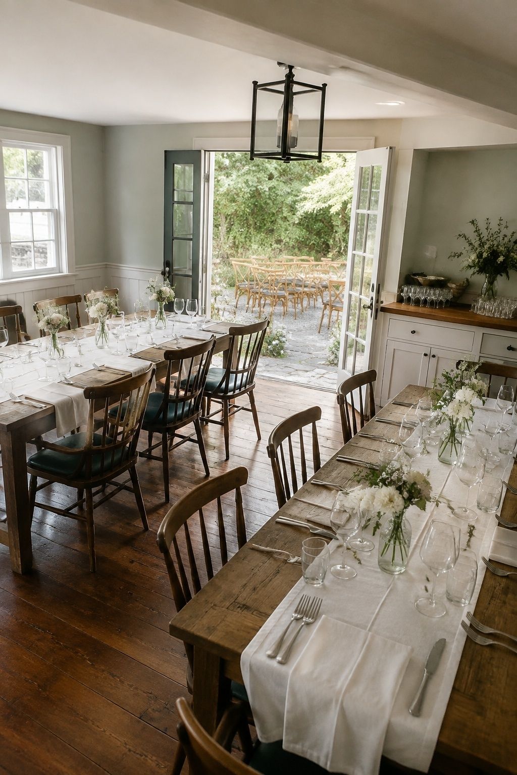 Small wedding dining room with set tables and an adjoining garden ceremony space