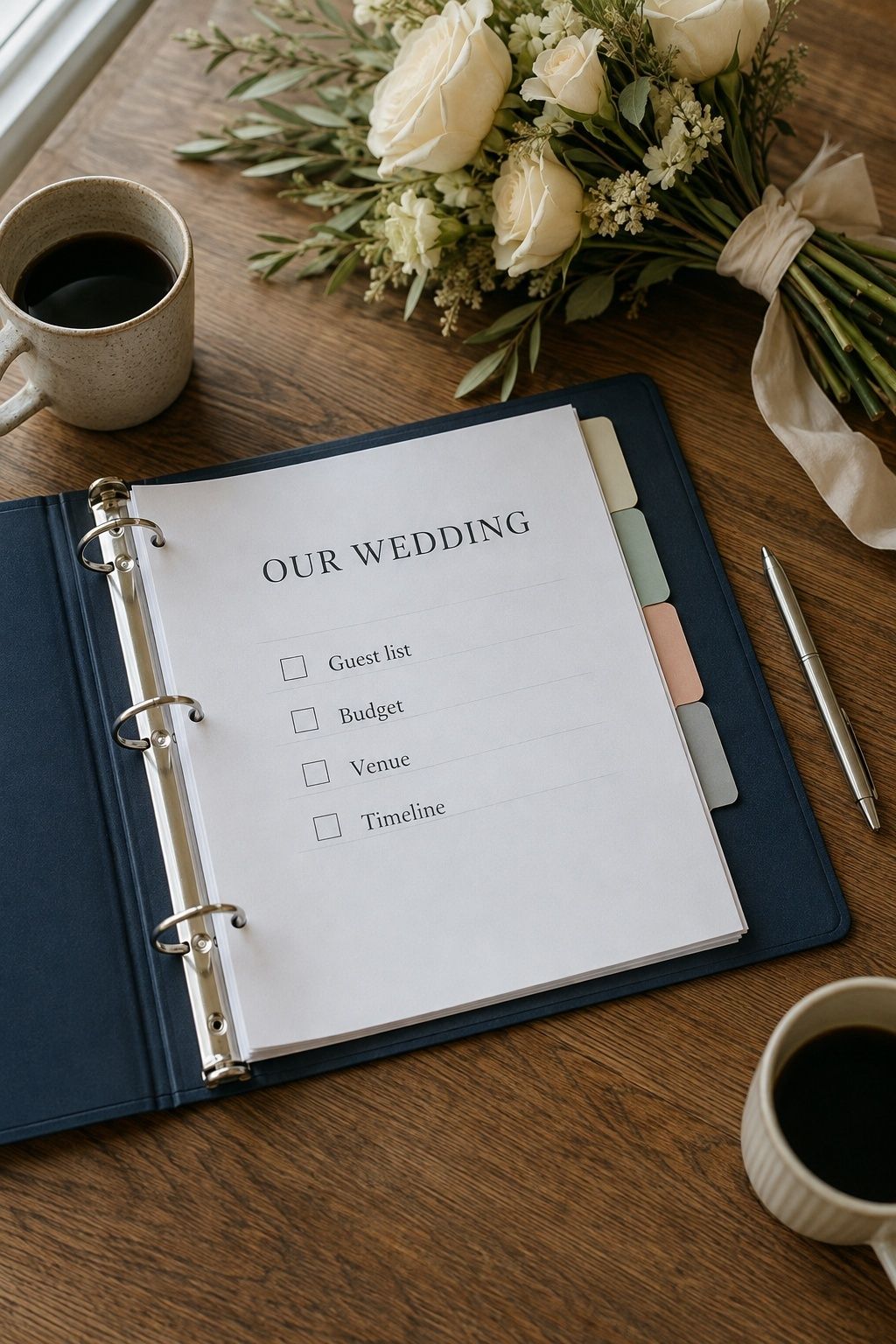 Tabbed wedding planning binder with a master checklist beside flowers and coffee