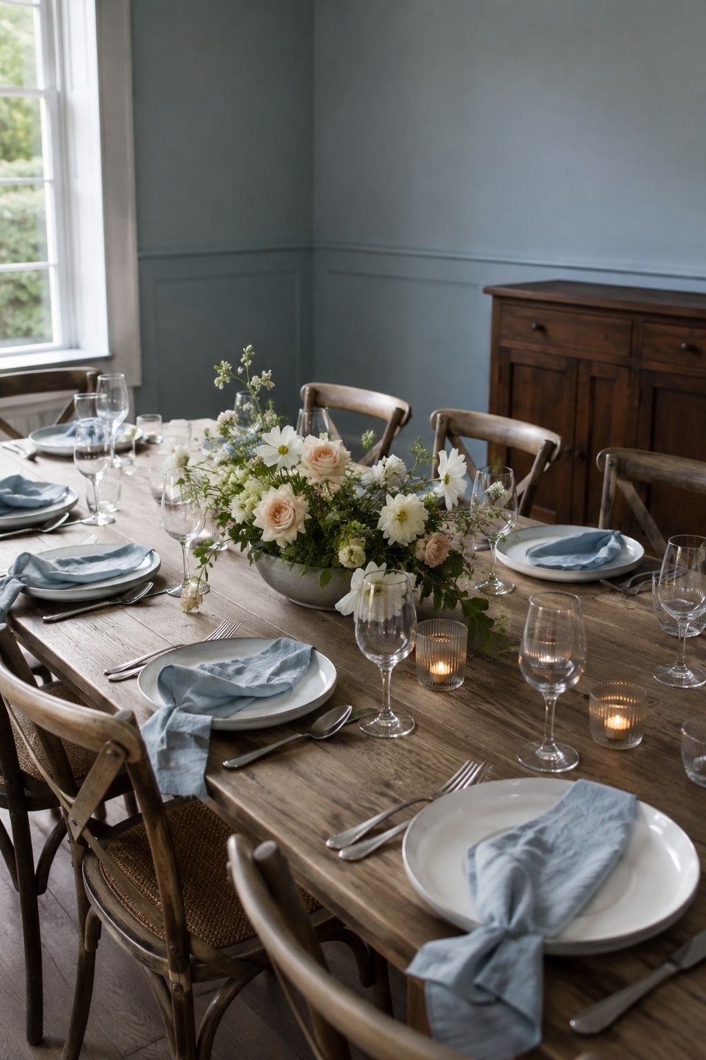 Low floral centerpiece and blue napkins on a simply decorated wedding table