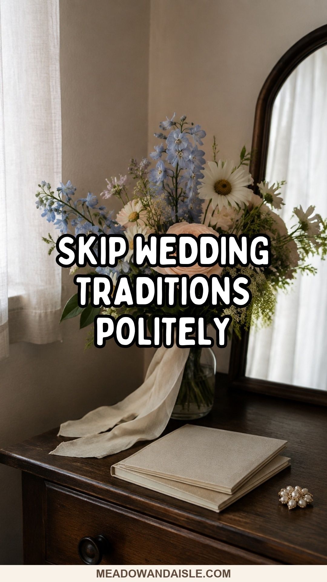 Skip wedding traditions politely Pinterest pin with a privately kept bridal bouquet.