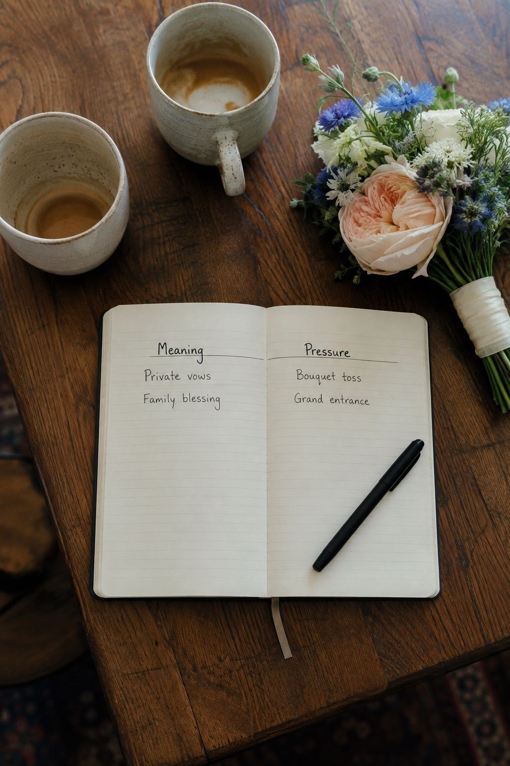 Open wedding planning notebook with meaning and pressure columns beside coffee and flowers.