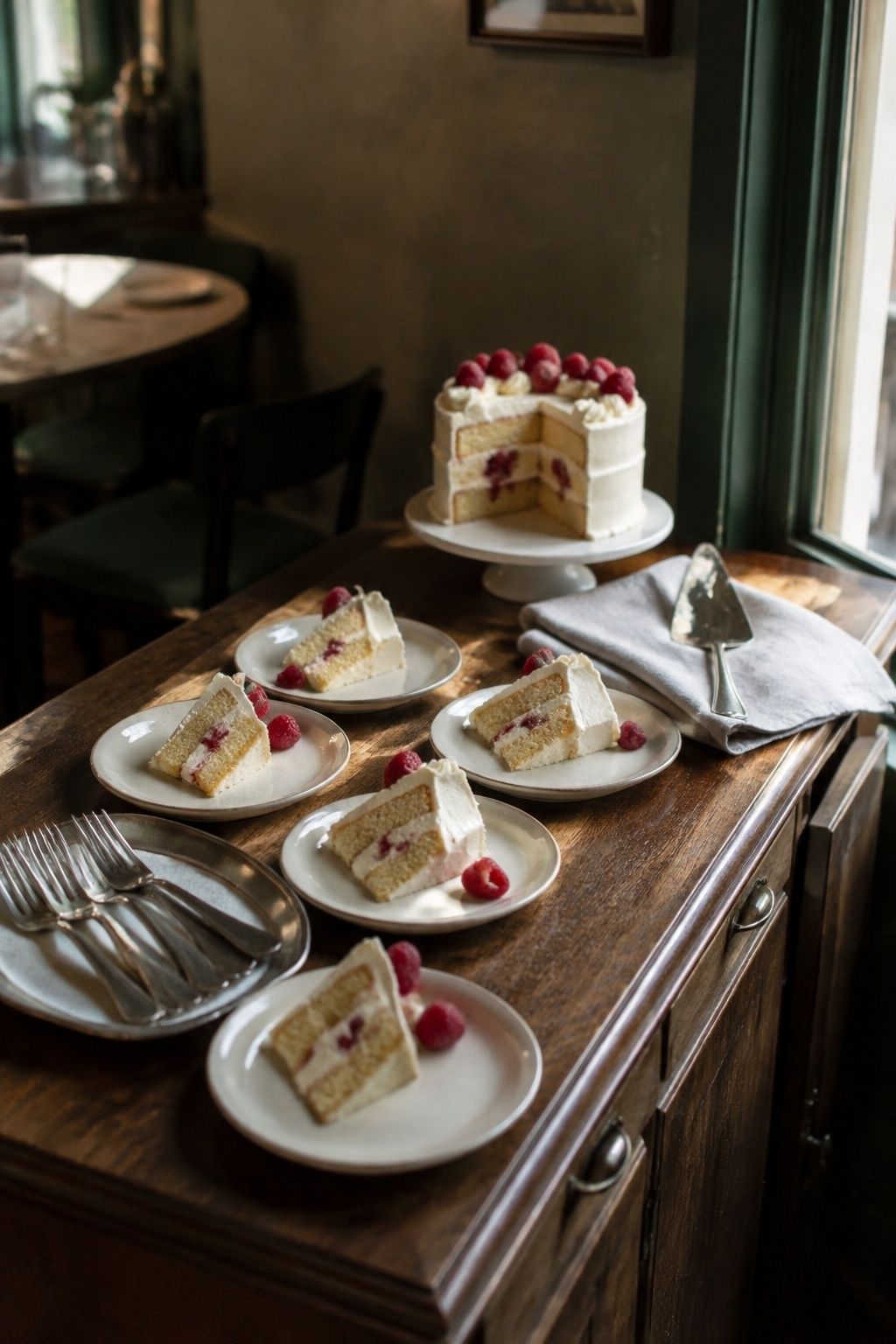 Slices of wedding cake plated for quiet dessert service on a restaurant sideboard.