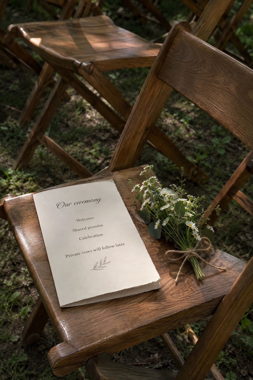 Ceremony program on a garden chair explains the shared promise and private vows later.