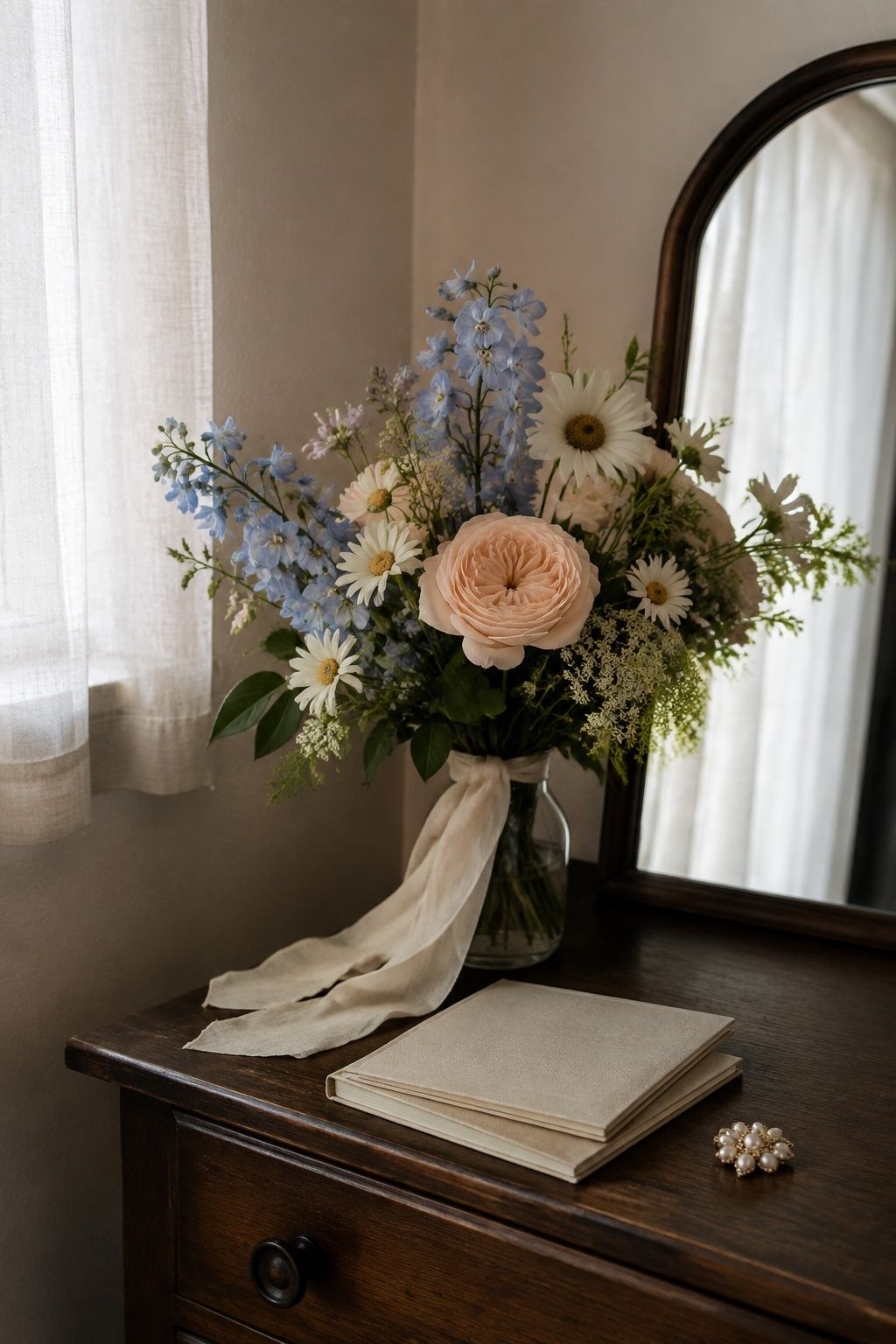 Bridal bouquet kept in a water vase beside vow booklets and an heirloom brooch.