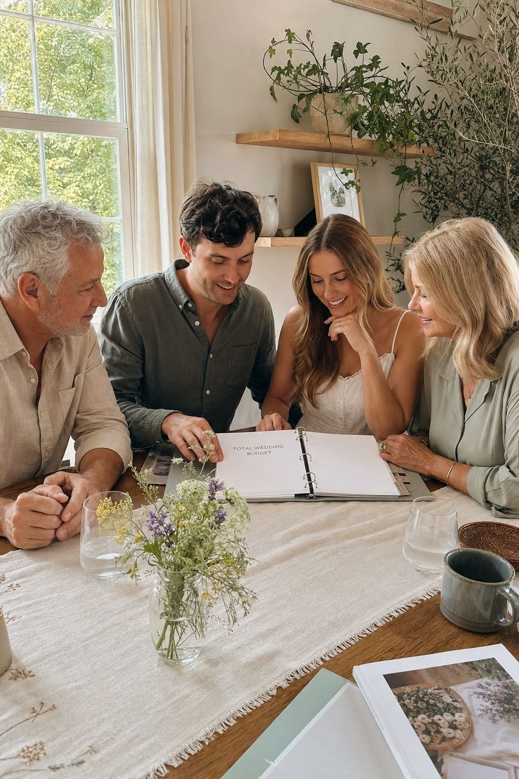 Engaged couple and two parents calmly reviewing the total wedding budget together