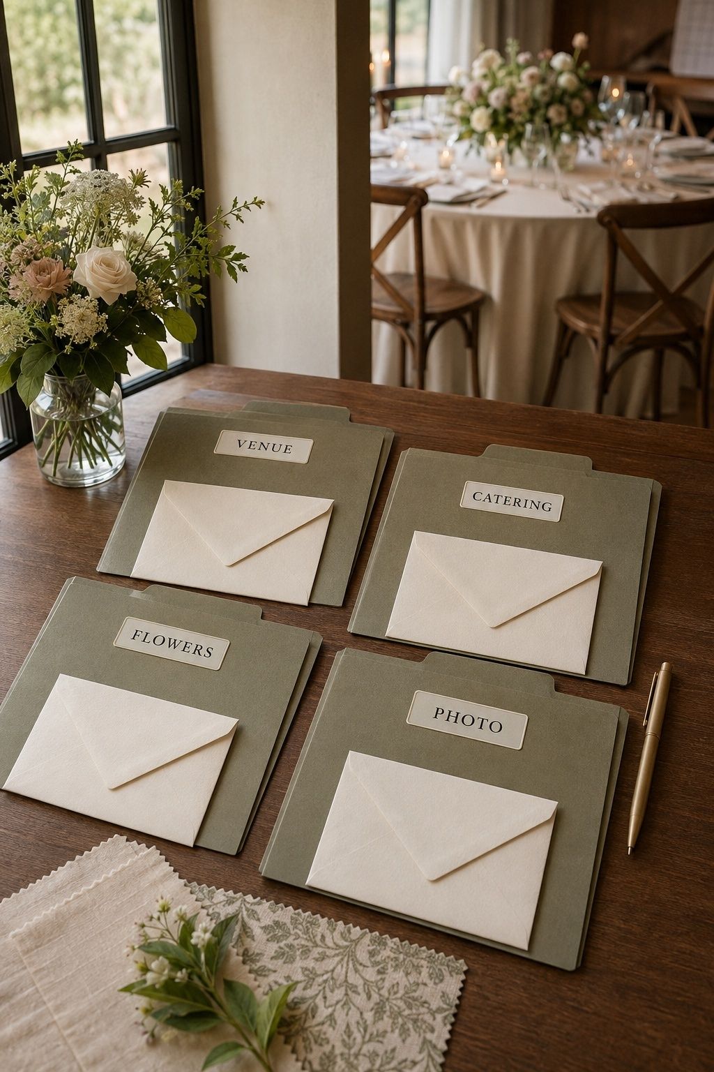Wedding vendor folders for venue, catering, flowers, and photography with contribution envelopes