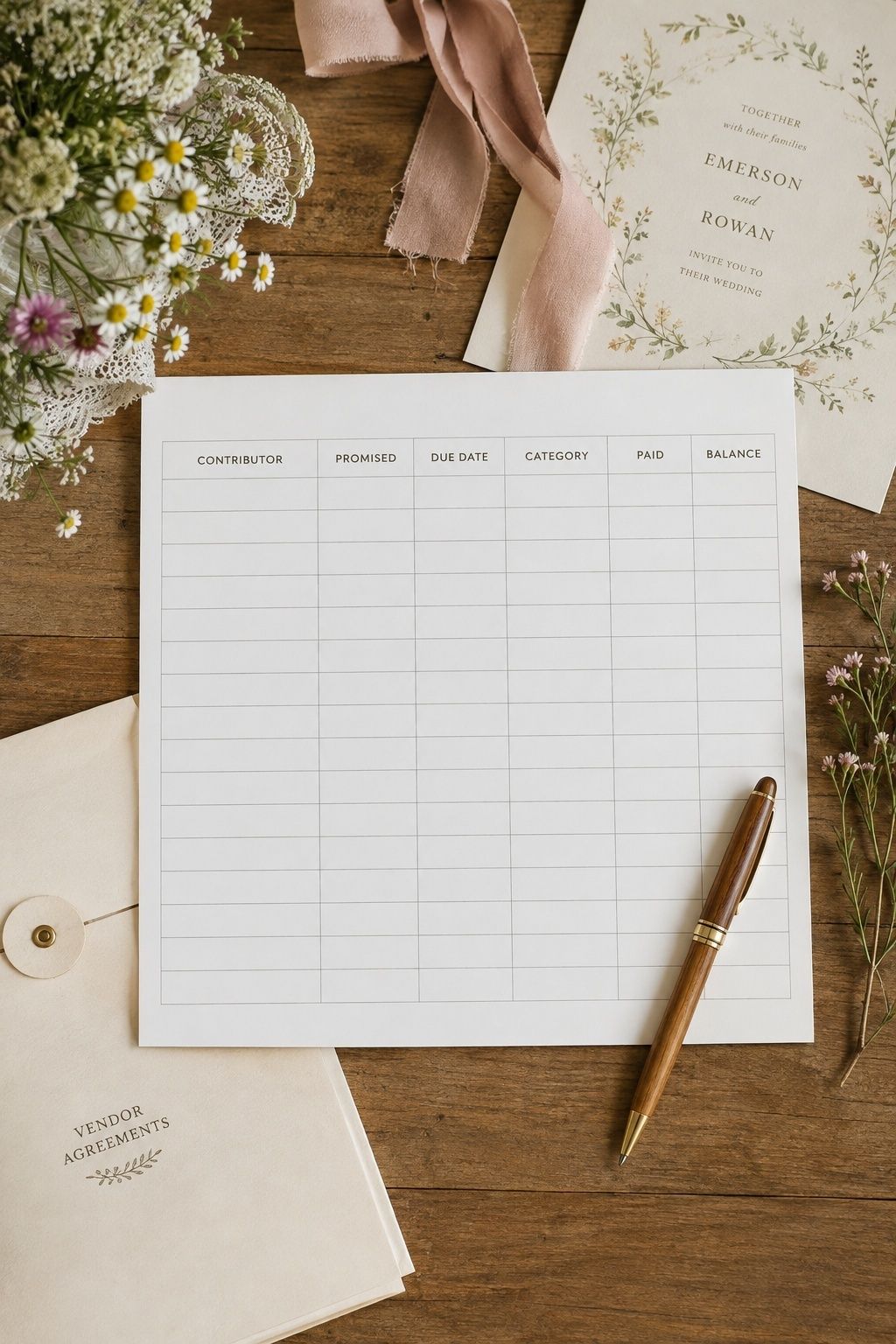 Blank wedding contribution tracker with contributor, due date, category, paid, and balance columns
