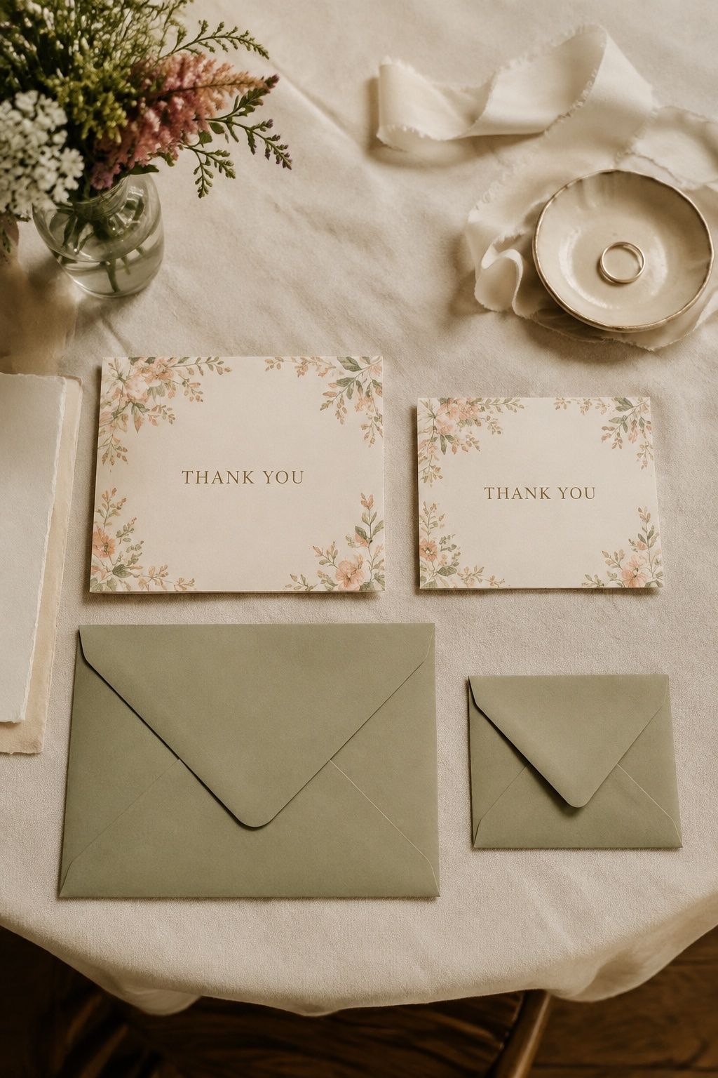 Large and small wedding contribution envelopes paired with matching thank-you cards