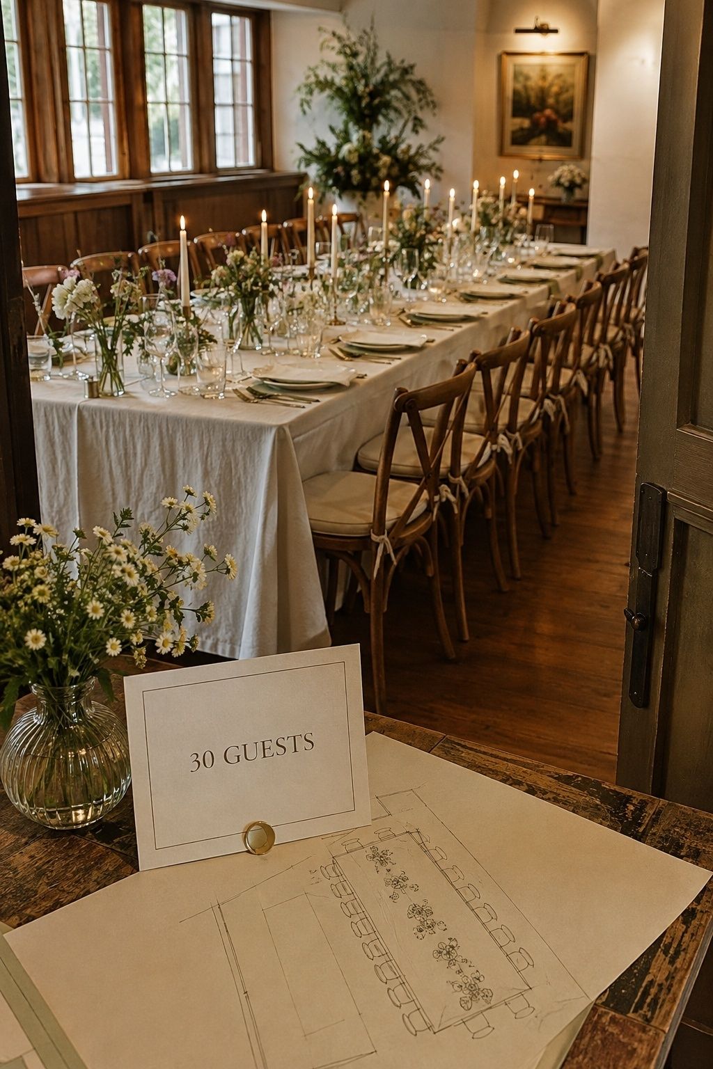 Private dining wedding room with a 30 guests card and intimate long-table seating sketch