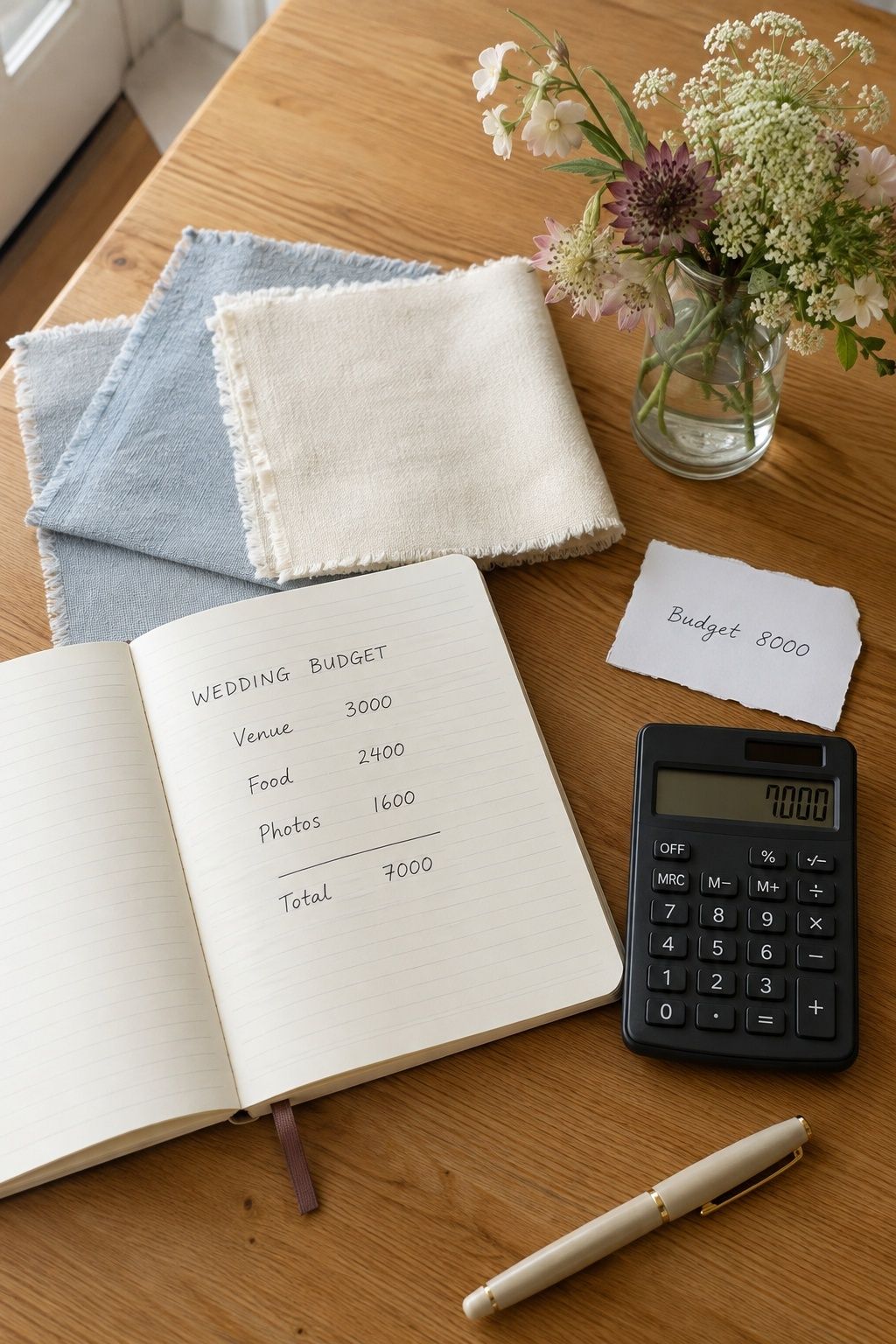 Wedding budget notebook and calculator beside blue linen samples and garden flowers.