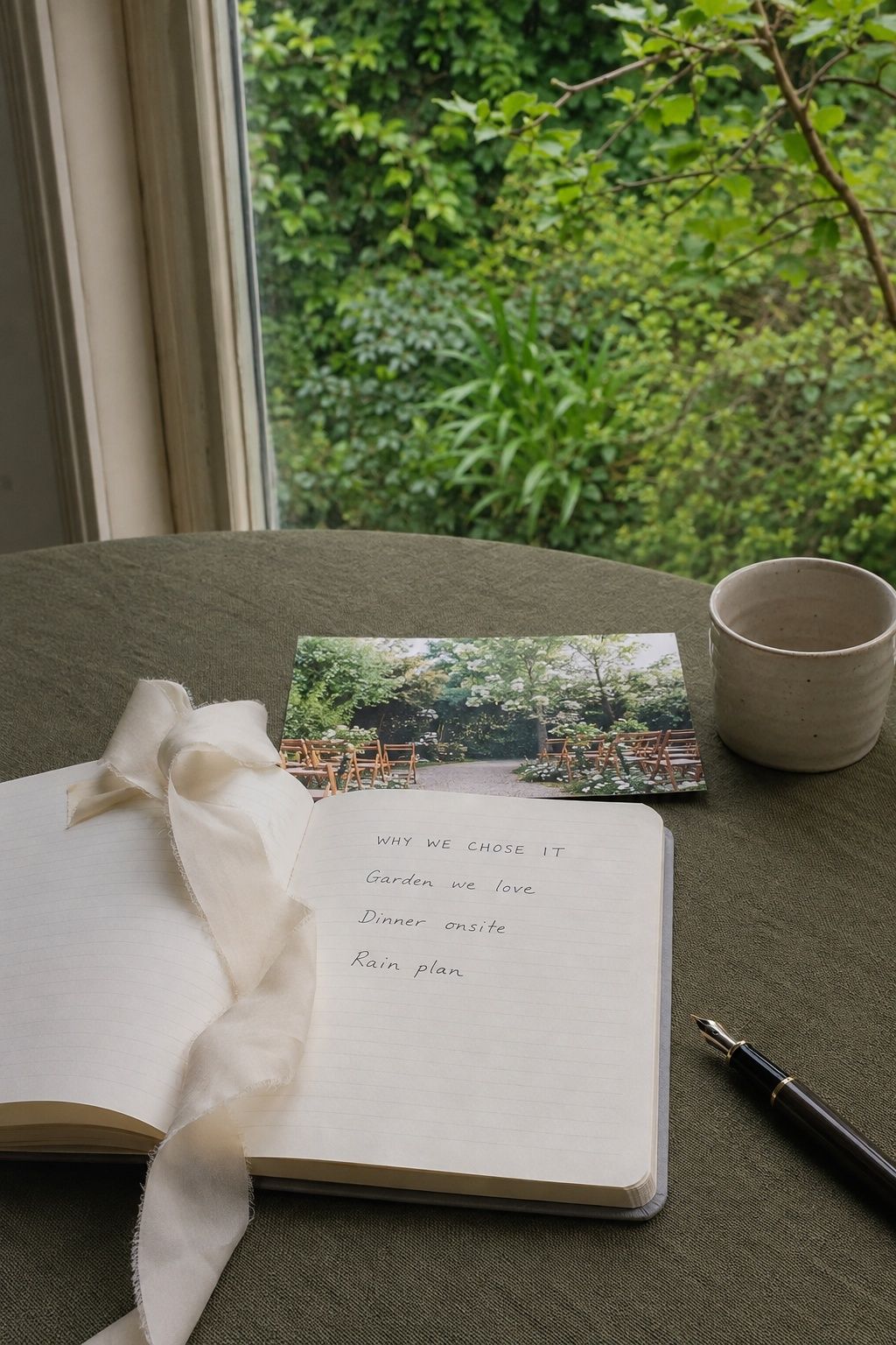 Wedding notebook records garden, onsite dinner and rain-plan reasons beside a venue photograph.