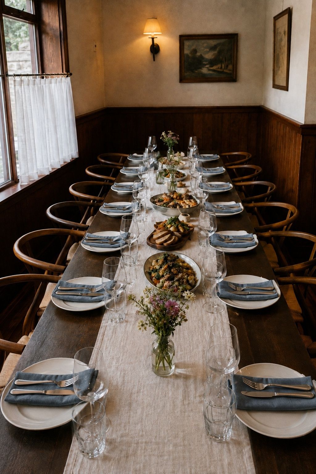 Intimate restaurant wedding table with blue napkins, low garden flowers and shared dinner platters.