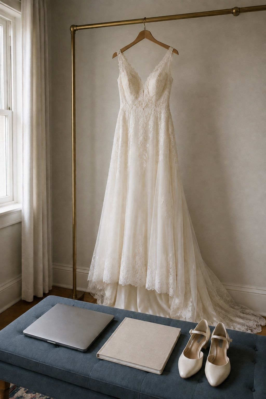 Chosen ivory wedding dress beside a closed laptop and wedding planning folder.