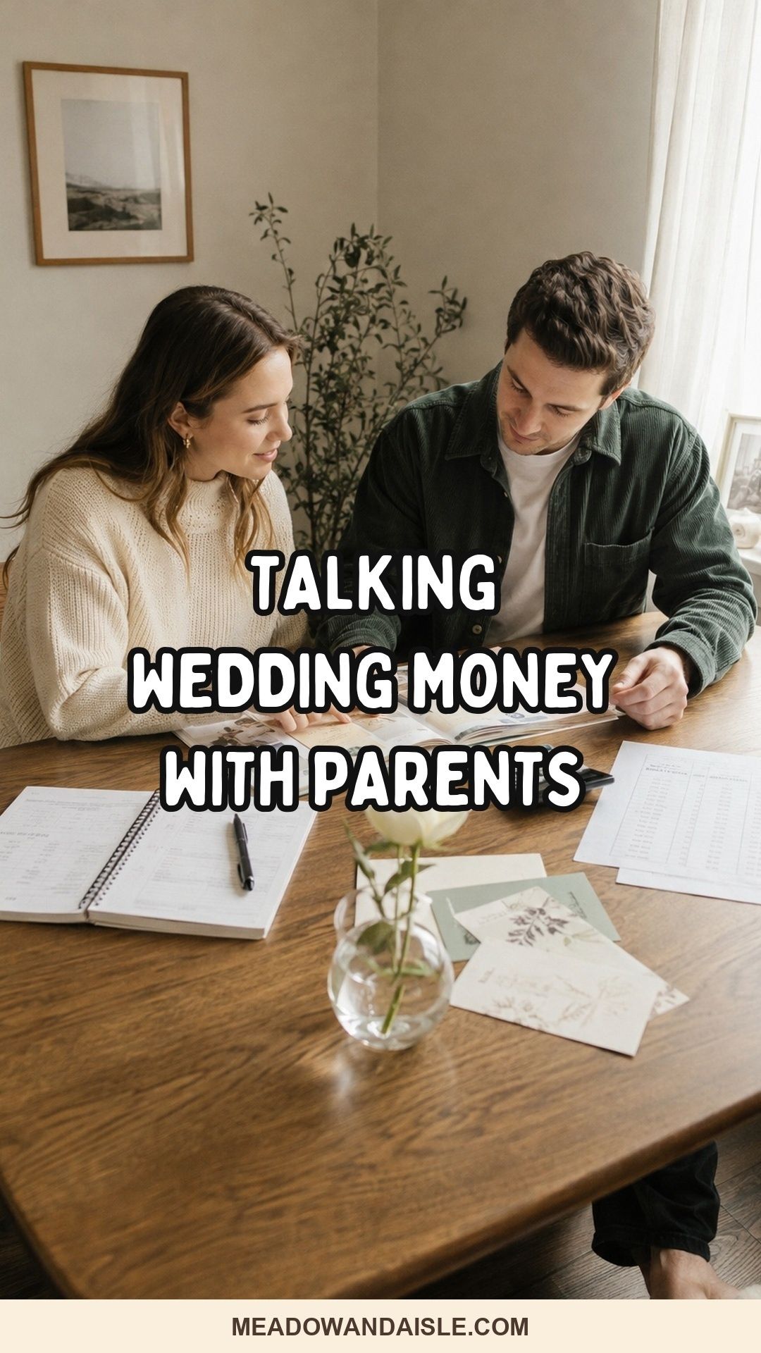 Pinterest pin showing a couple planning how to talk with parents about wedding money