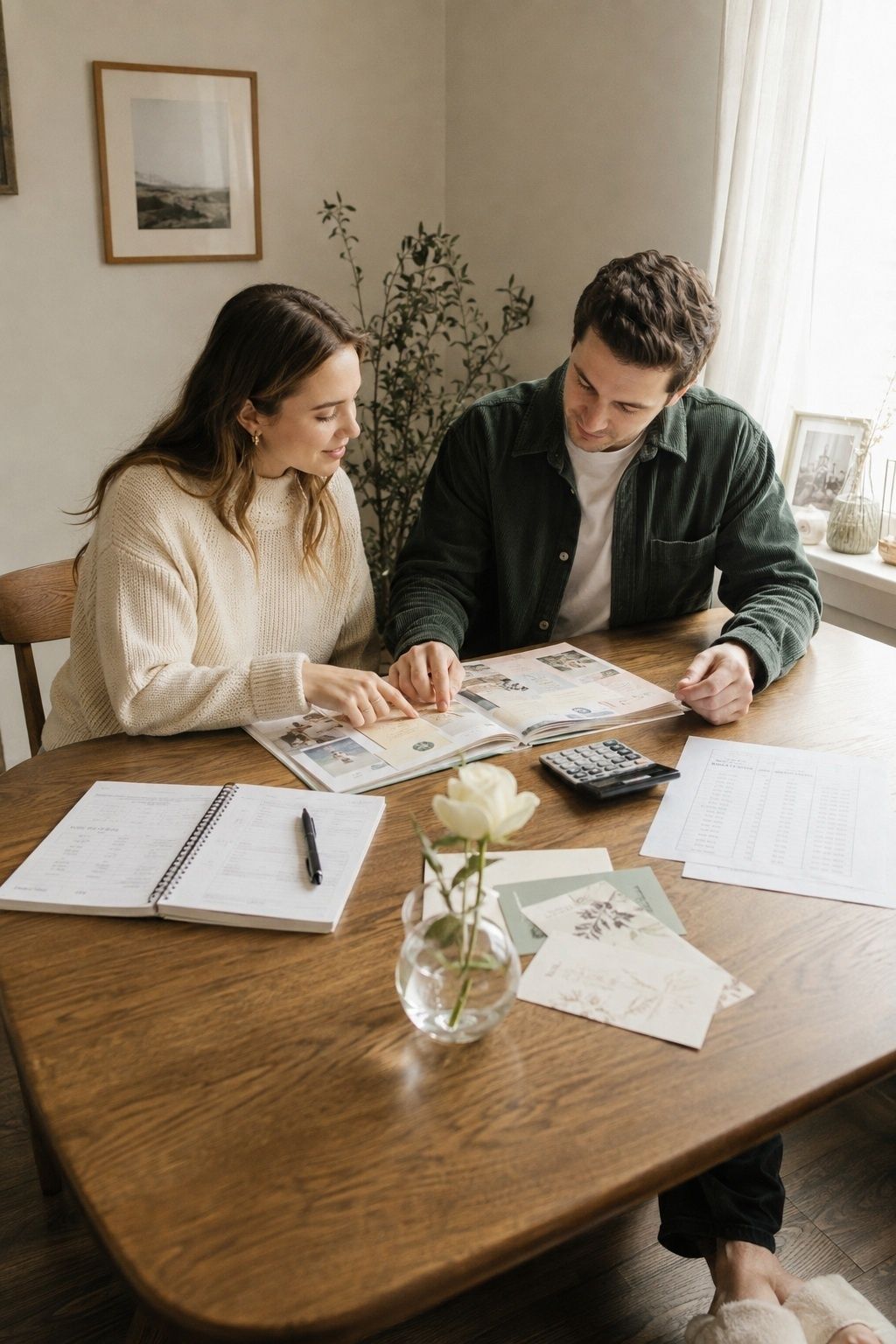 Engaged couple reviewing a wedding budget together before talking with parents