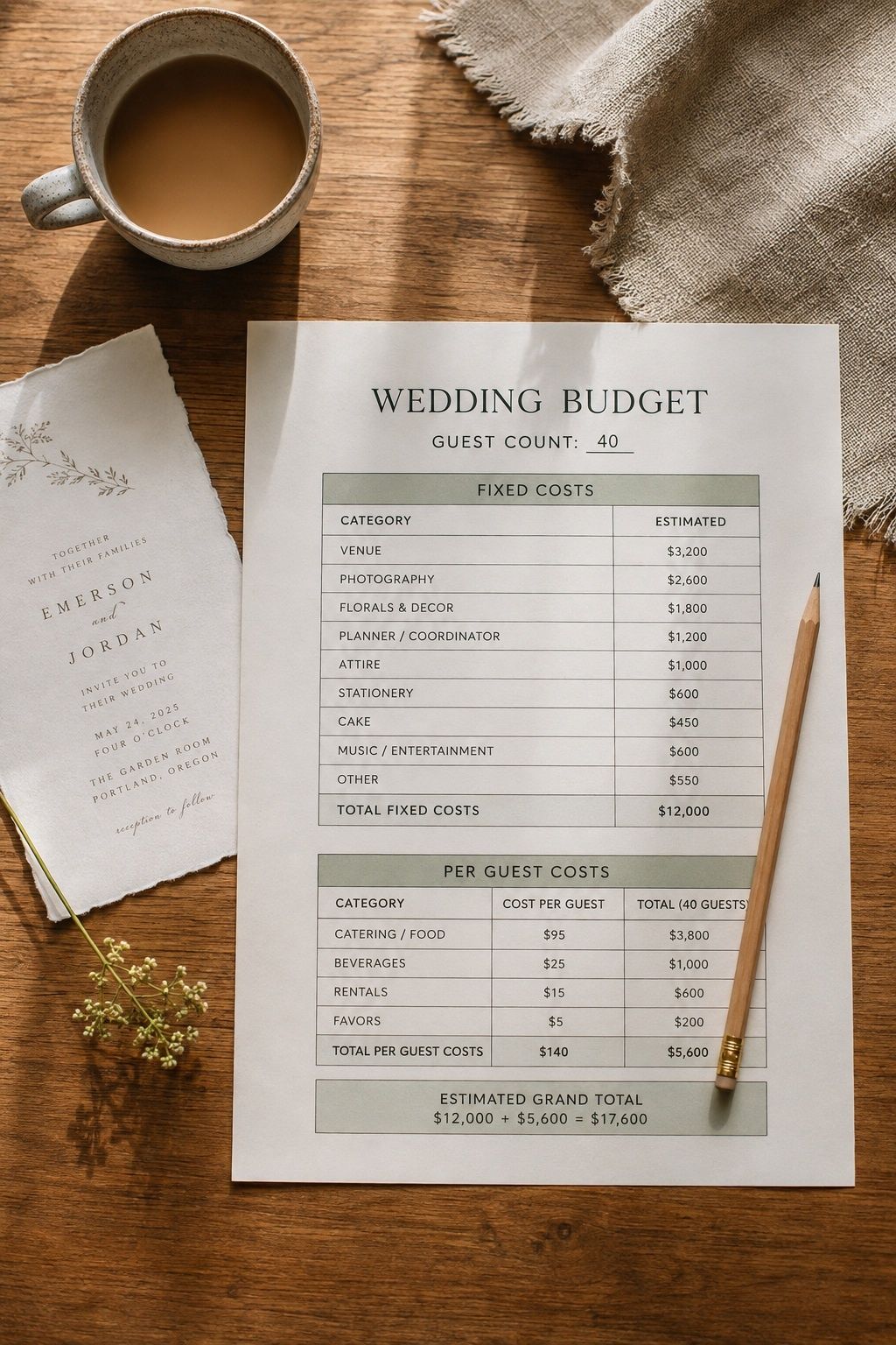 Small wedding budget worksheet separating fixed costs from per-guest expenses