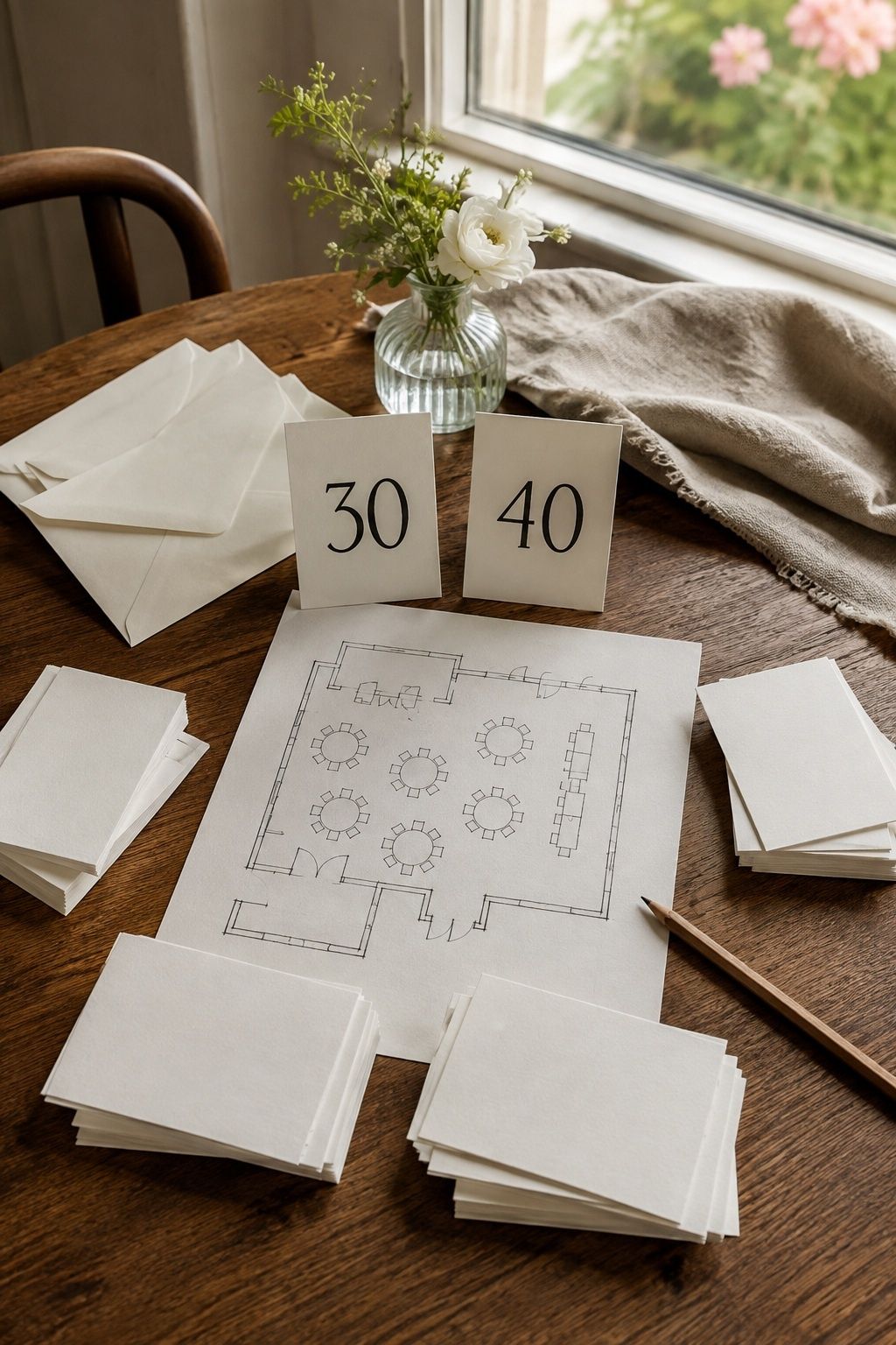 Wedding guest cards and floor plan showing a guest-count range from 30 to 40