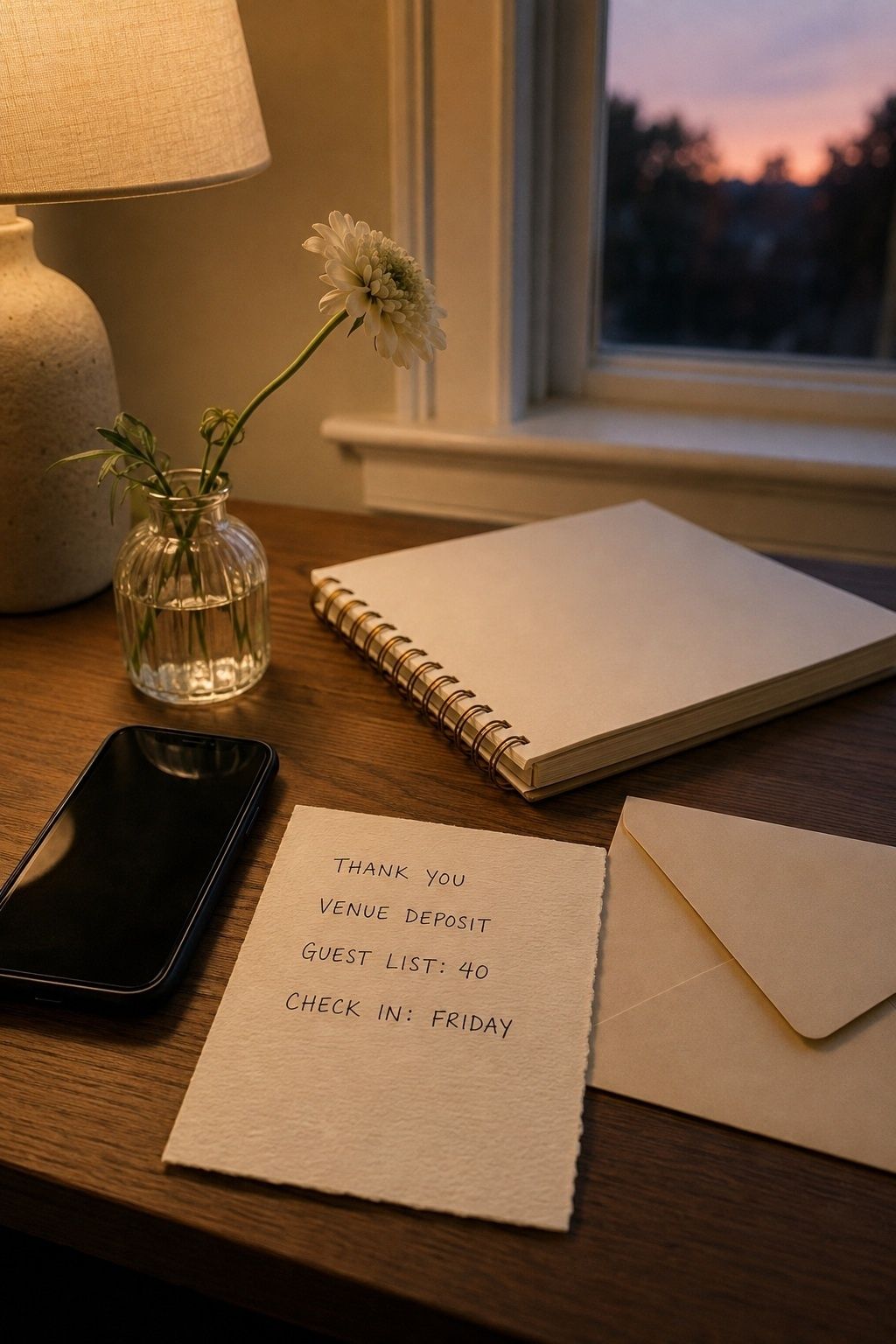 Wedding money follow-up note confirming thanks, venue deposit, guest count, and check-in date