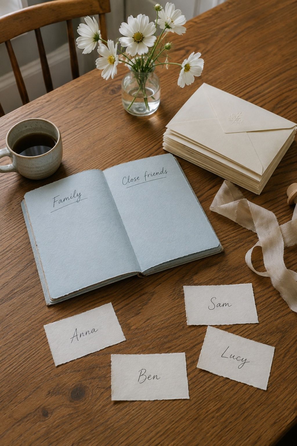 Blue wedding guest-list notebook with Family and Close friends headings, name cards and ivory envelopes on an oak table.