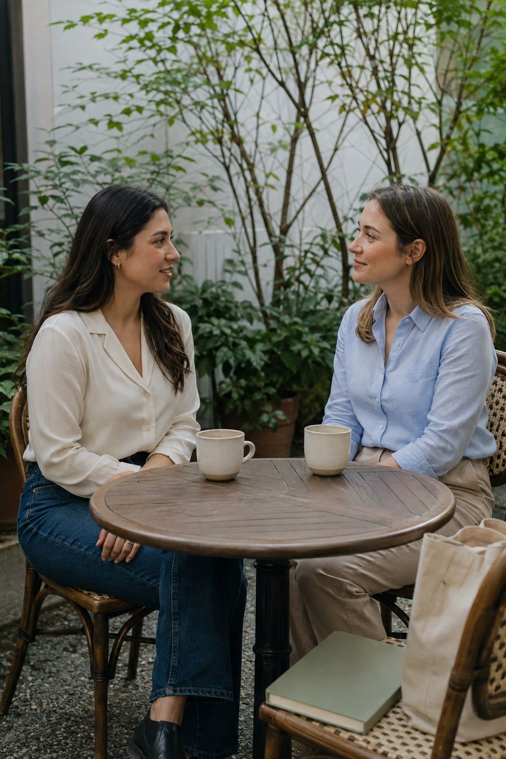Two women speaking quietly over coffee in a secluded courtyard, with a closed planner beside them.