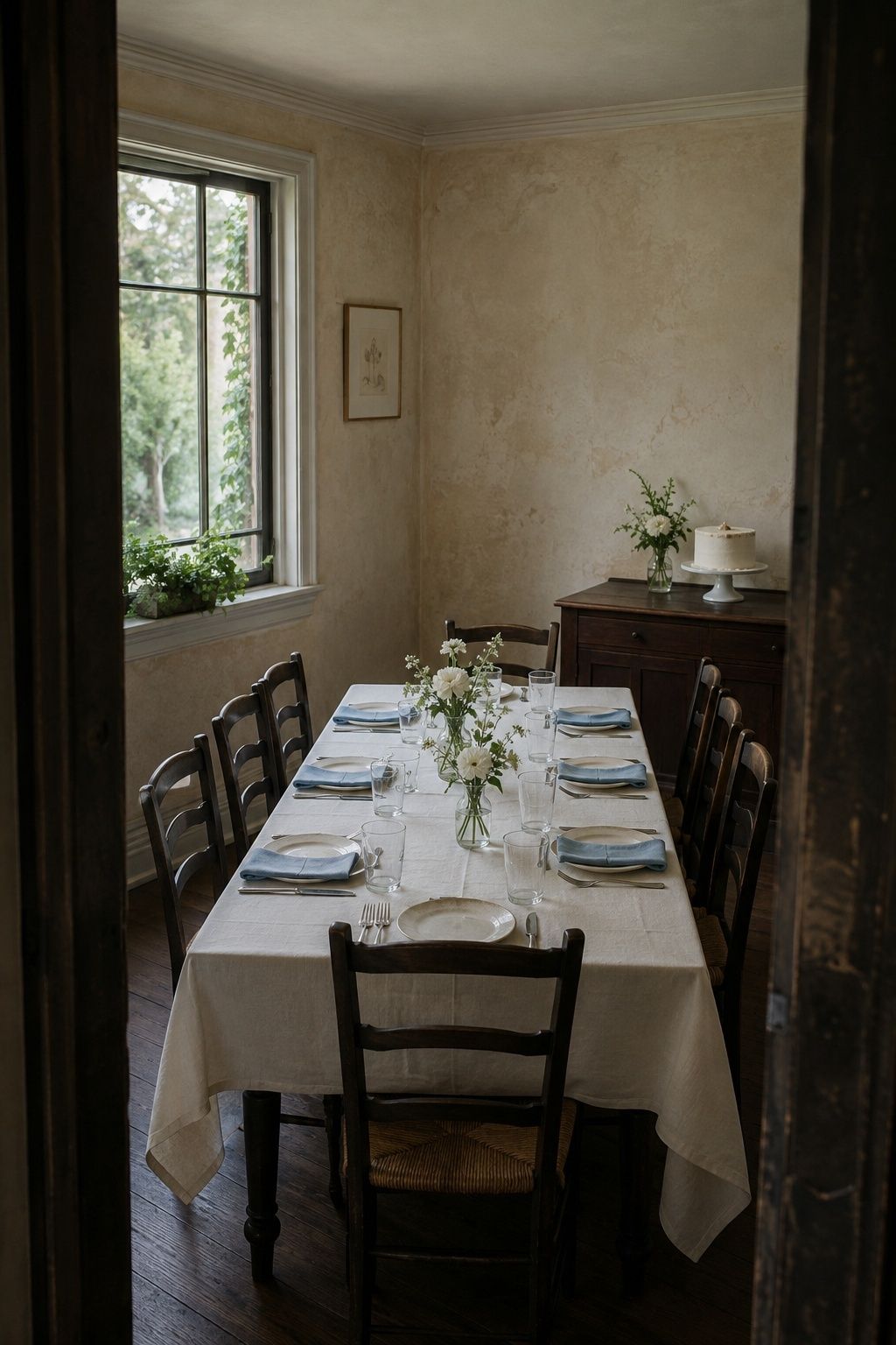 A small private dining room with one wedding table, eight chairs, blue napkins and white flowers.
