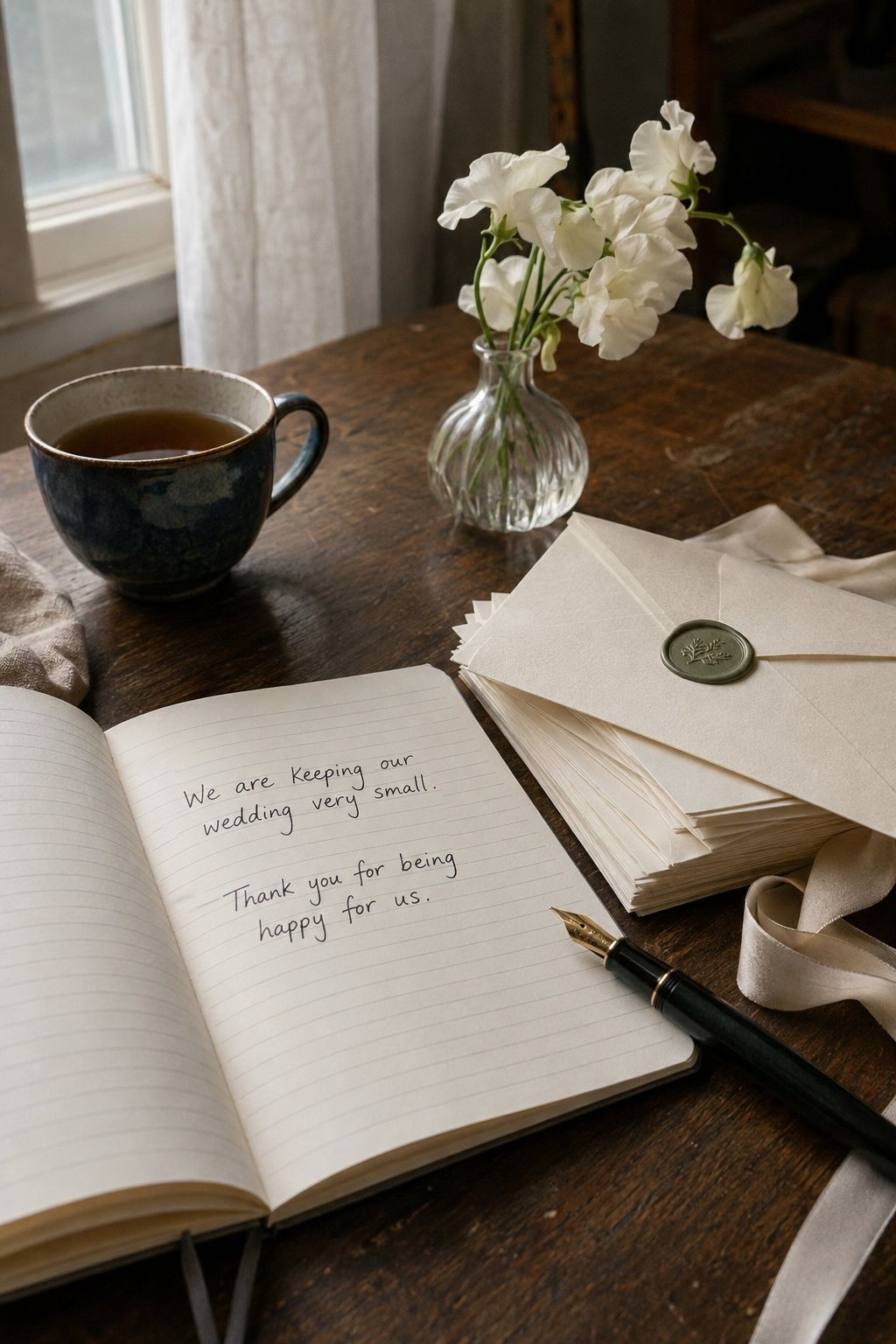 Notebook with a short small-wedding response and warm thanks beside sealed envelopes, a pen and white sweet peas.