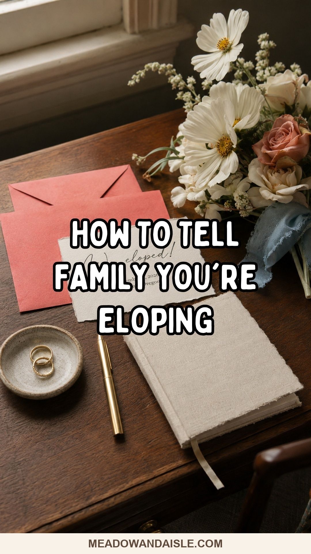 How to tell family you are eloping Pinterest pin over elopement announcements and flowers.