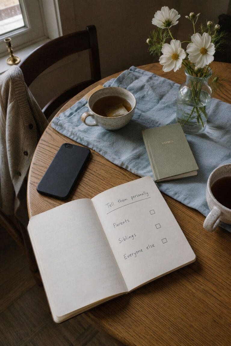 Notebook listing parents, siblings and everyone else beside a phone and vow book.