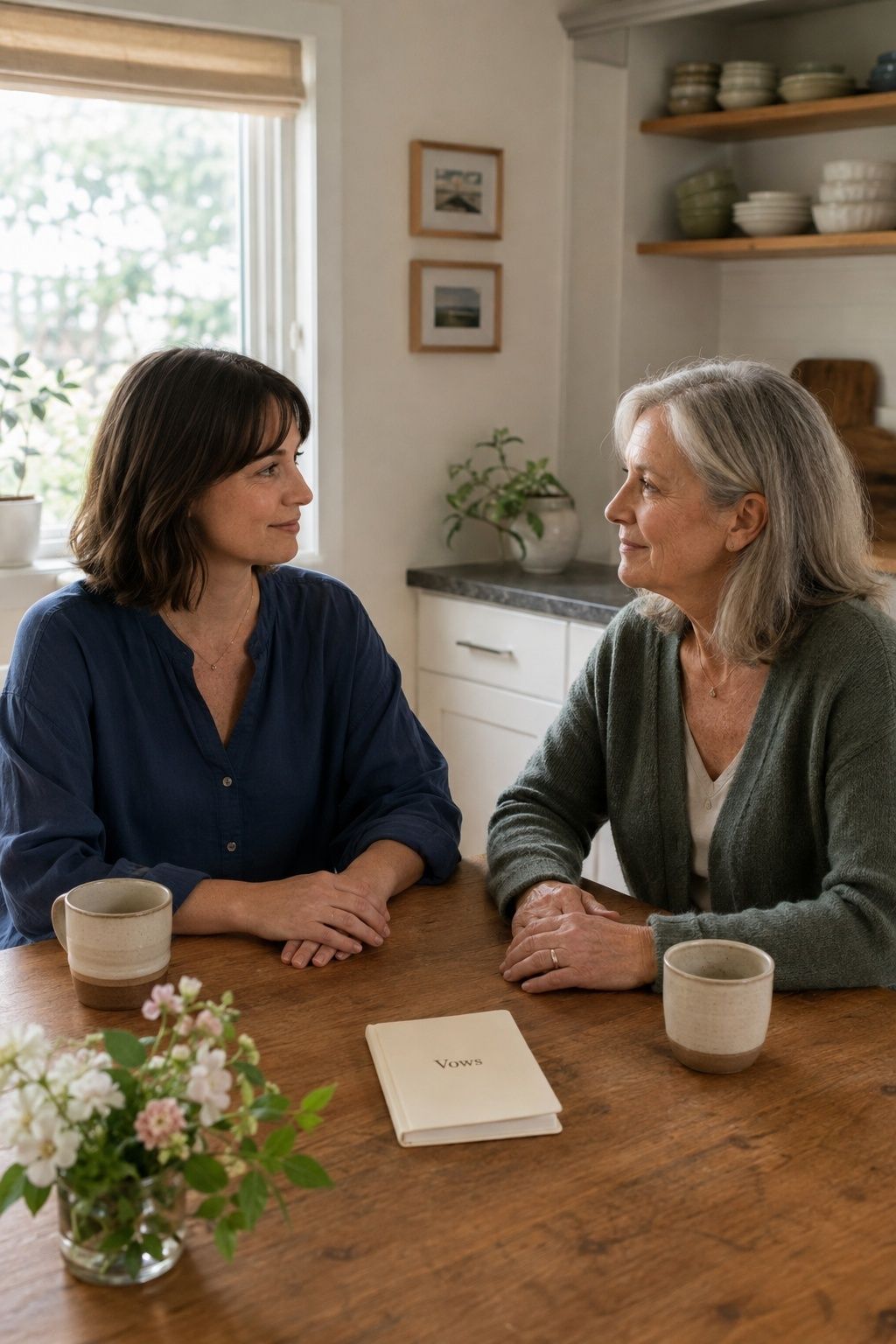 Daughter and mother talking calmly over tea with an ivory vow book on the table.