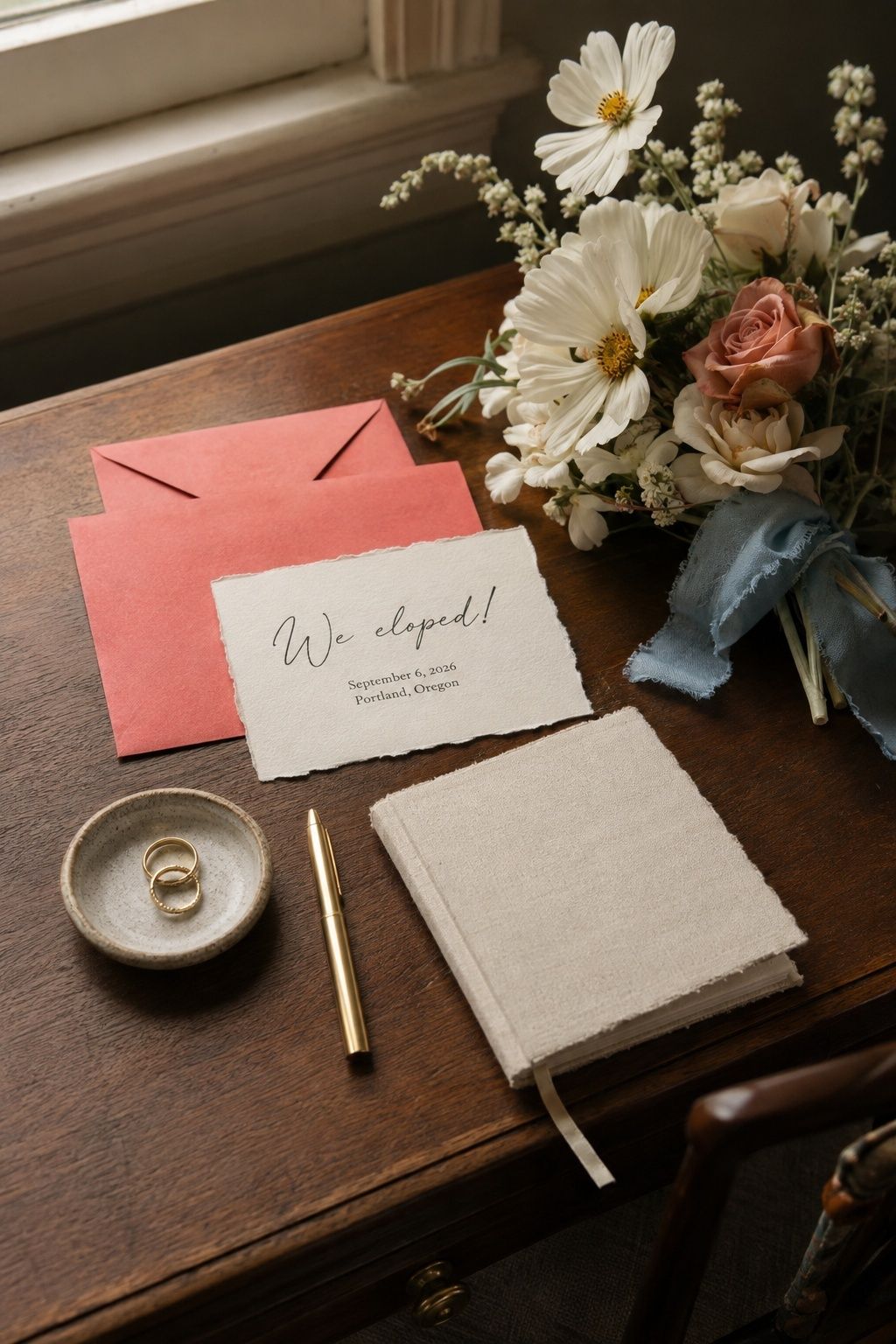 Elopement announcement with coral envelopes, a bridal bouquet and wedding rings.