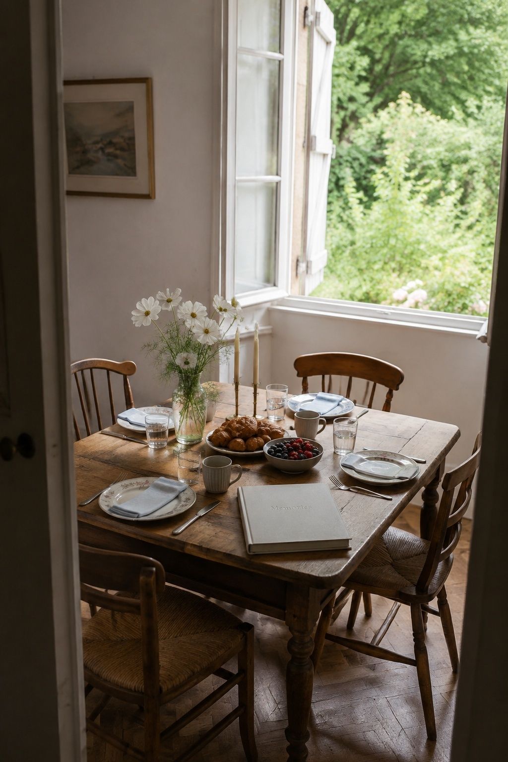 Small family brunch table with croissants, flowers and a wedding photo album.