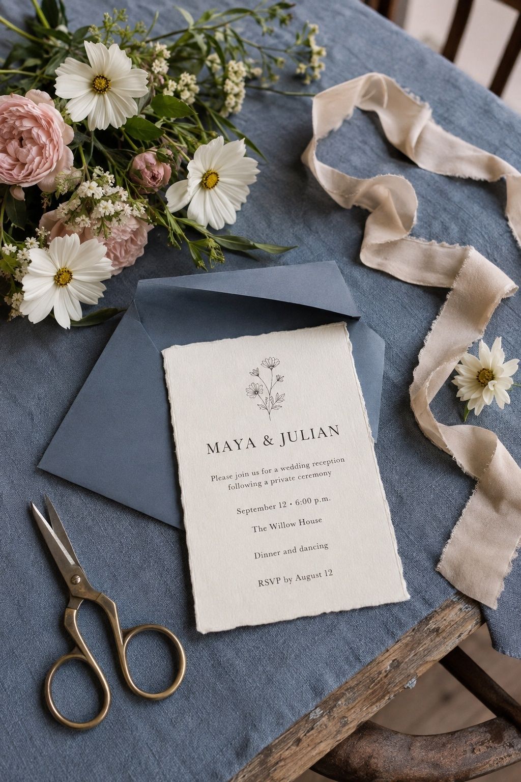 Ivory reception invitation stating that the ceremony is private, beside a blue envelope and garden flowers.
