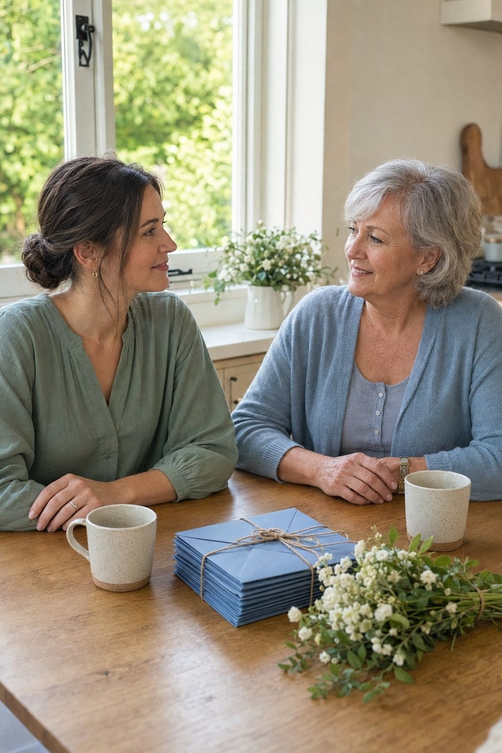 Bride-to-be and her mother talking at a kitchen table beside wedding envelopes and a white posy.
