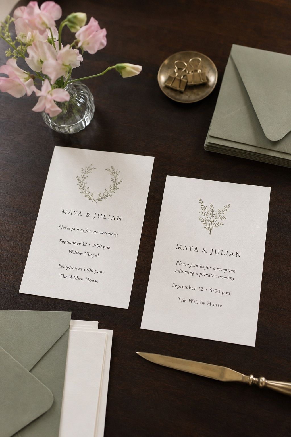 Two wedding invitation versions, one with ceremony details and one inviting guests to the reception after private vows.