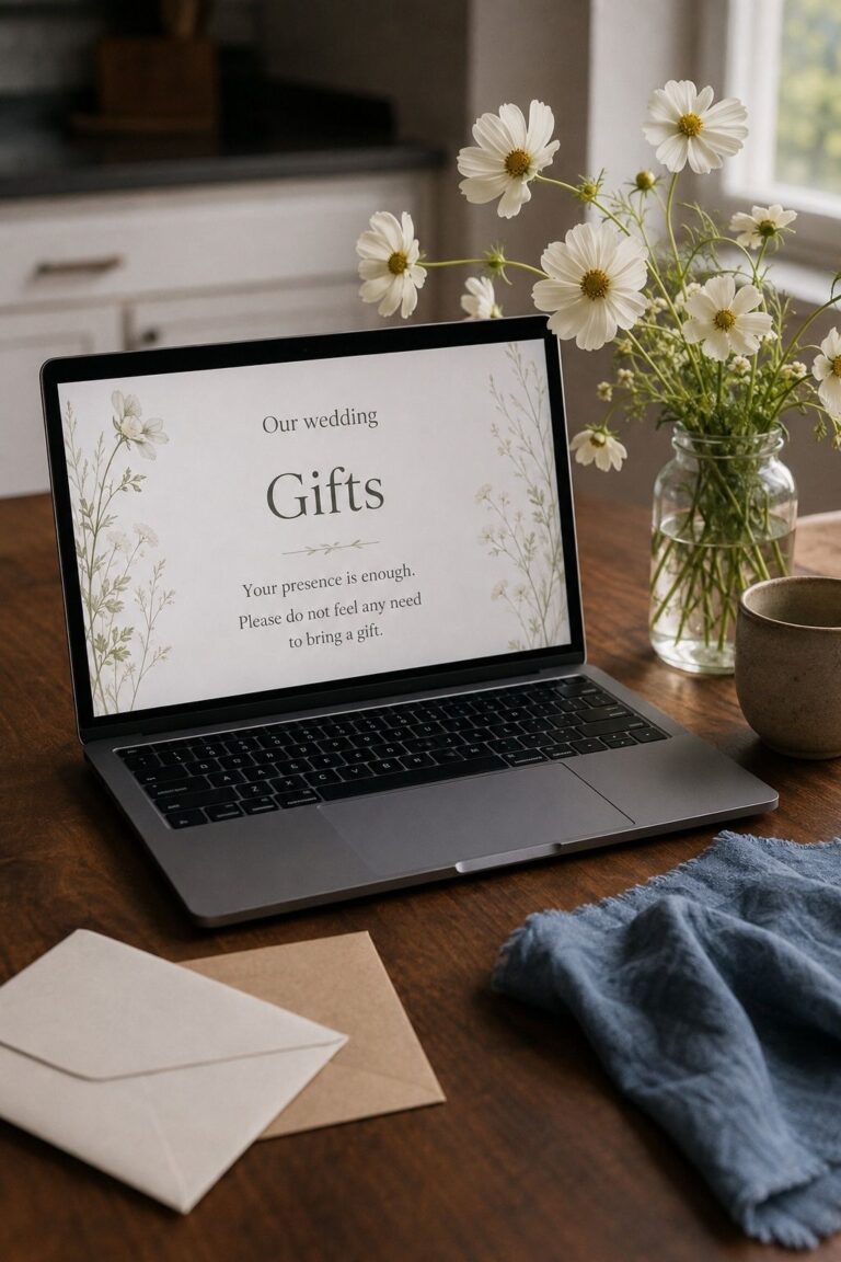 Laptop displaying no-gifts wedding wording beside white cosmos and envelopes