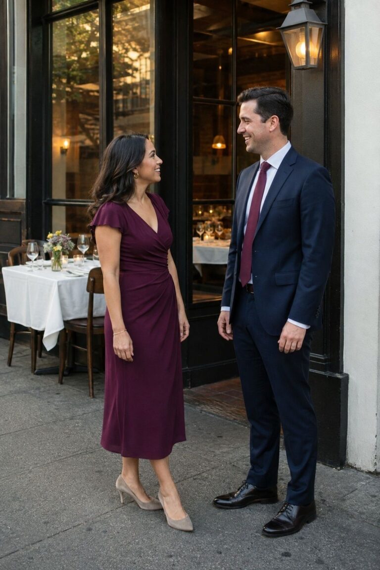 Two wedding guests wearing a navy suit and a plum midi cocktail dress.