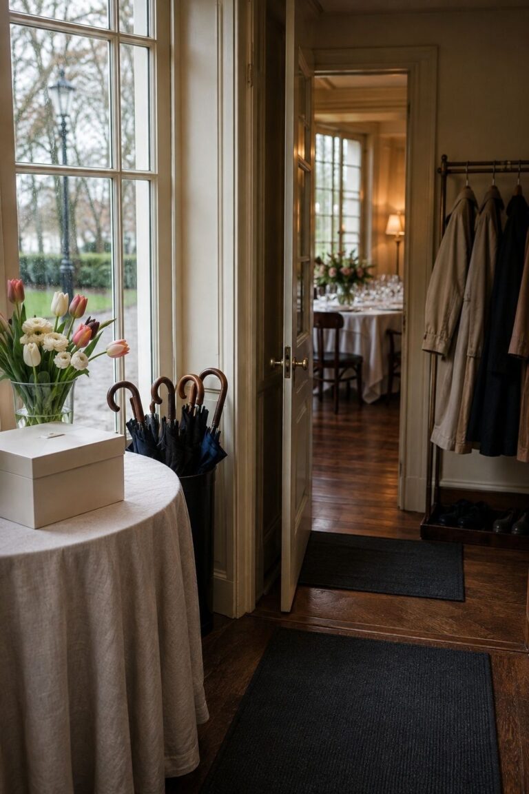Map The Arrival And Coat Drop Before Decor at an indoor spring wedding reception