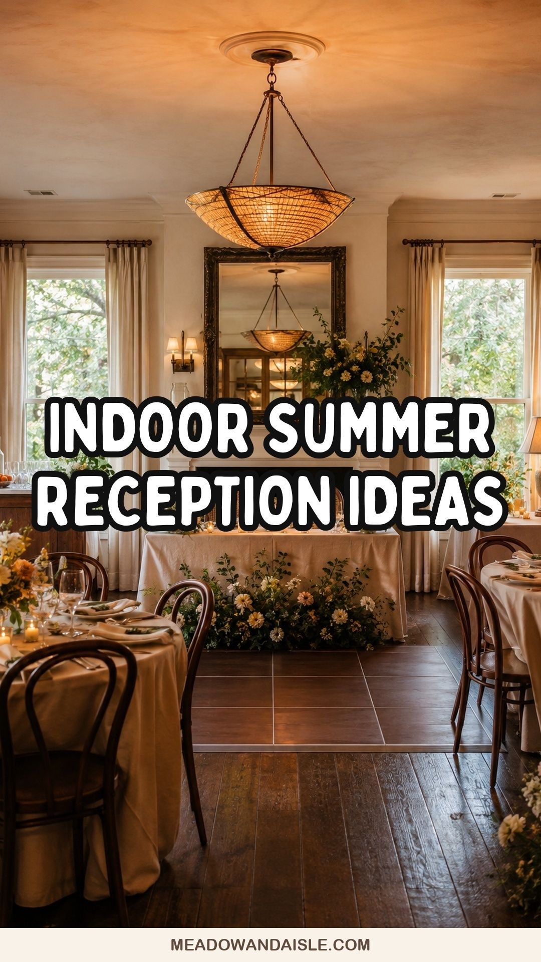 Indoor summer wedding reception ideas with light linens, seasonal flowers, and warm ambient lighting