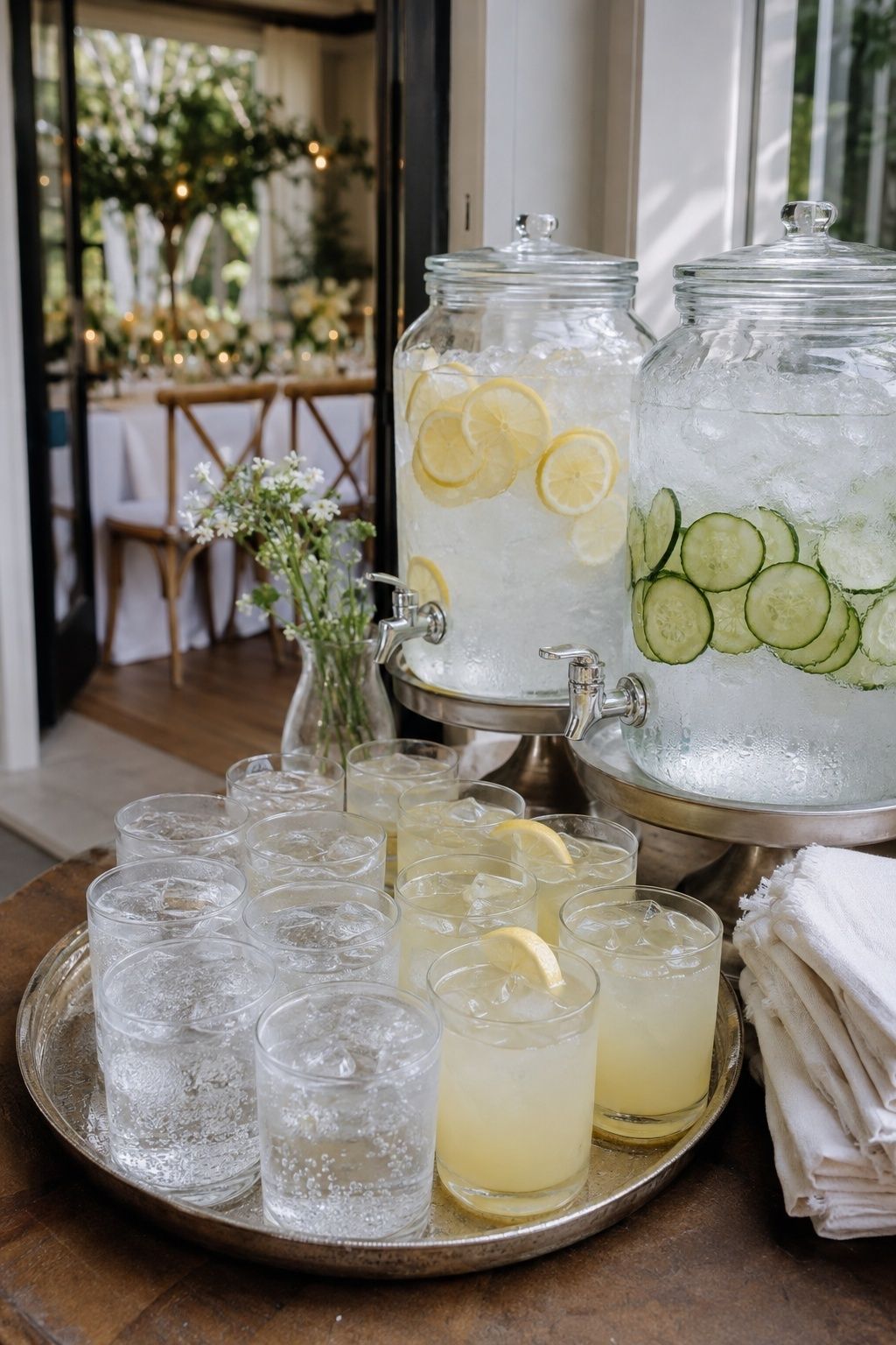 offer cold welcome drinks right away at an intimate indoor summer wedding reception