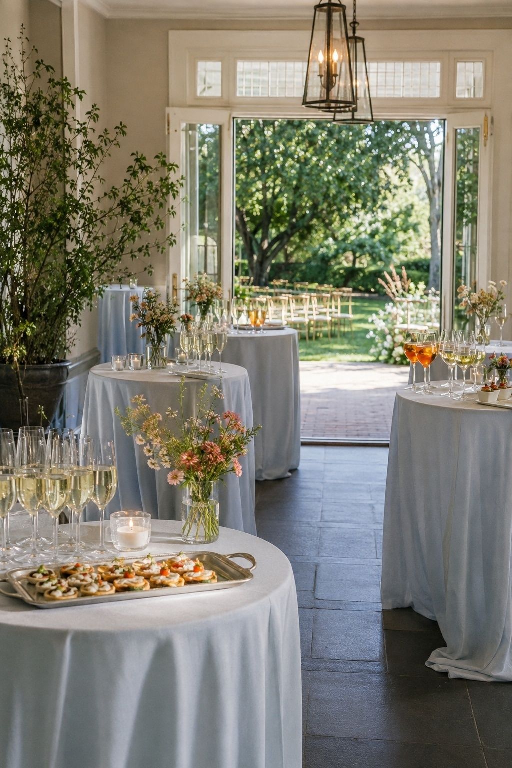 host cocktail hour indoors after an outdoor ceremony at an intimate indoor summer wedding reception