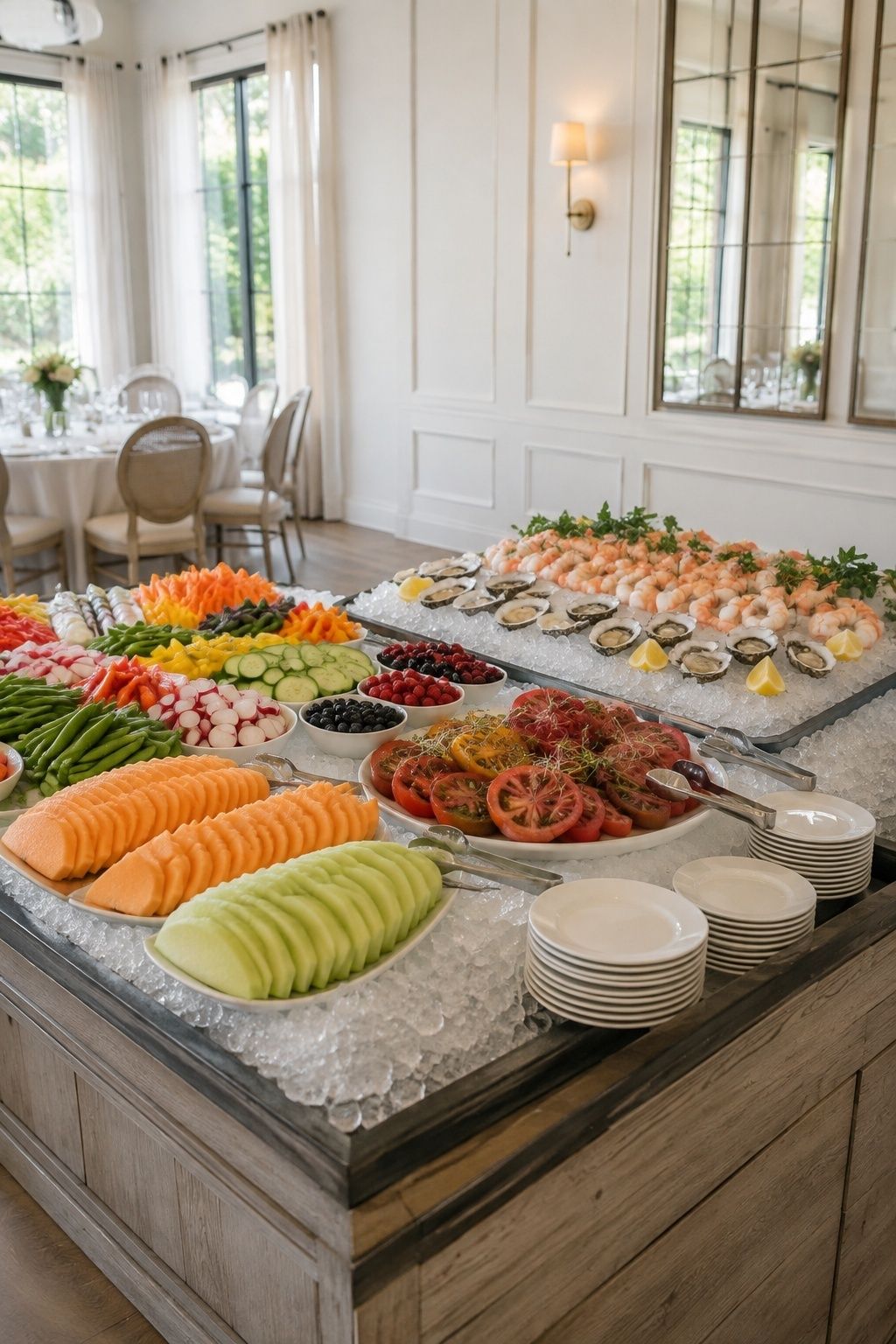 add a seafood, fruit, or fresh produce station at an intimate indoor summer wedding reception