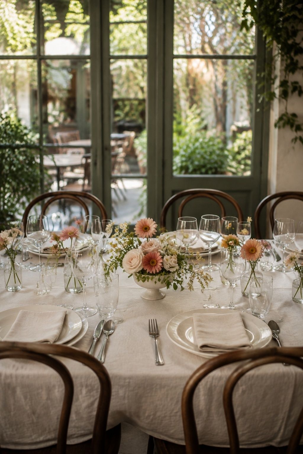 use low seasonal centerpieces on dinner tables at an intimate indoor summer wedding reception