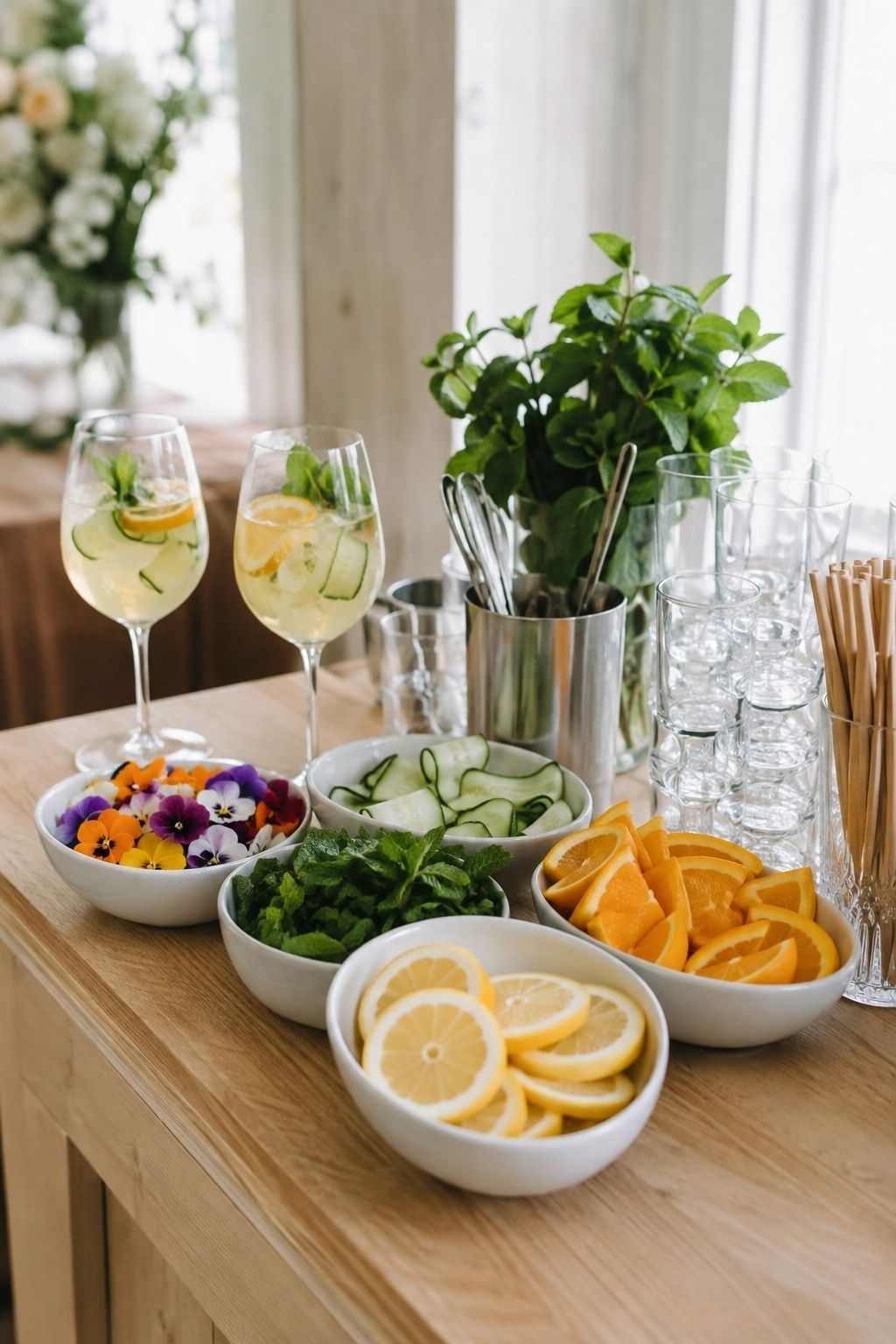 style the bar with bright summer garnishes at an intimate indoor summer wedding reception